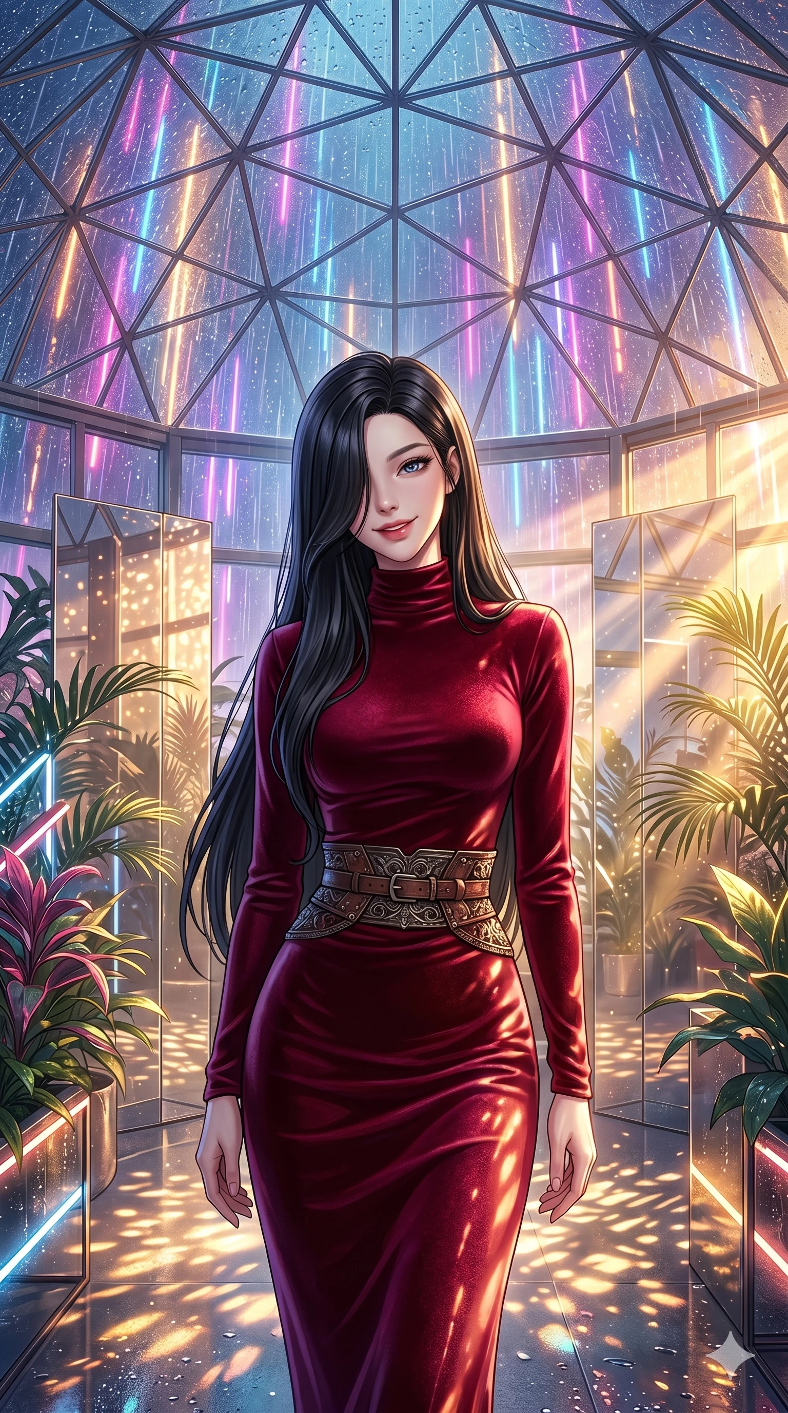 score_9, masterpiece, best quality, ultra-detailed, high-budget anime keyframe, editorial fashion photography, tasteful artistic composition, Korean woman. cowboy shot from the thighs up, character and outfit filling the frame for maximum editorial presence. tilting her head with a playful, teasing smile, letting a lock of hair fall over her eyes inside a futuristic glass greenhouse under a dome of falling neon rain (Code-P18-061). She has an absolutely perfect 8-heads proportion, an exceptionally tall and slender female figure with impossibly long slender legs and an ultra-slim waist. V-shaped jawline, high-bridge nose, intricate jewel-like eyes with depth, thick eyelashes, glossy lips with a natural sheen. wearing a long-sleeved high-neck velvet dress with belt. warm golden afternoon sunbeams reflecting off the mirrors, casting bright light patterns. 2k, ultra detail, master piece, 9:16 ratio