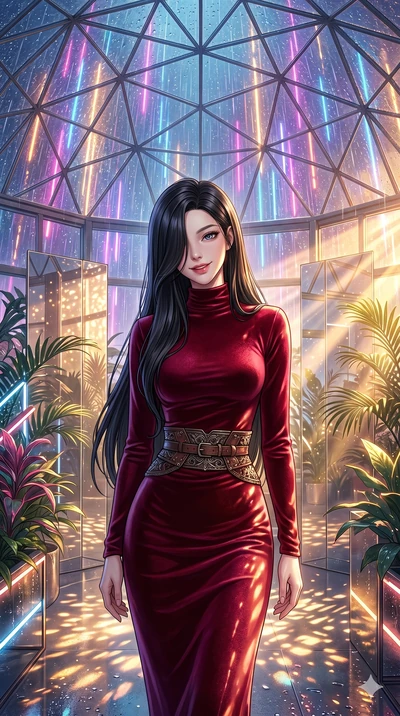 score_9, masterpiece, best quality, ultra-detailed, high-budget anime keyframe, editorial fashion photography, tasteful artistic composition, Korean woman. cowboy shot from the thighs up, character and outfit filling the frame for maximum editorial p