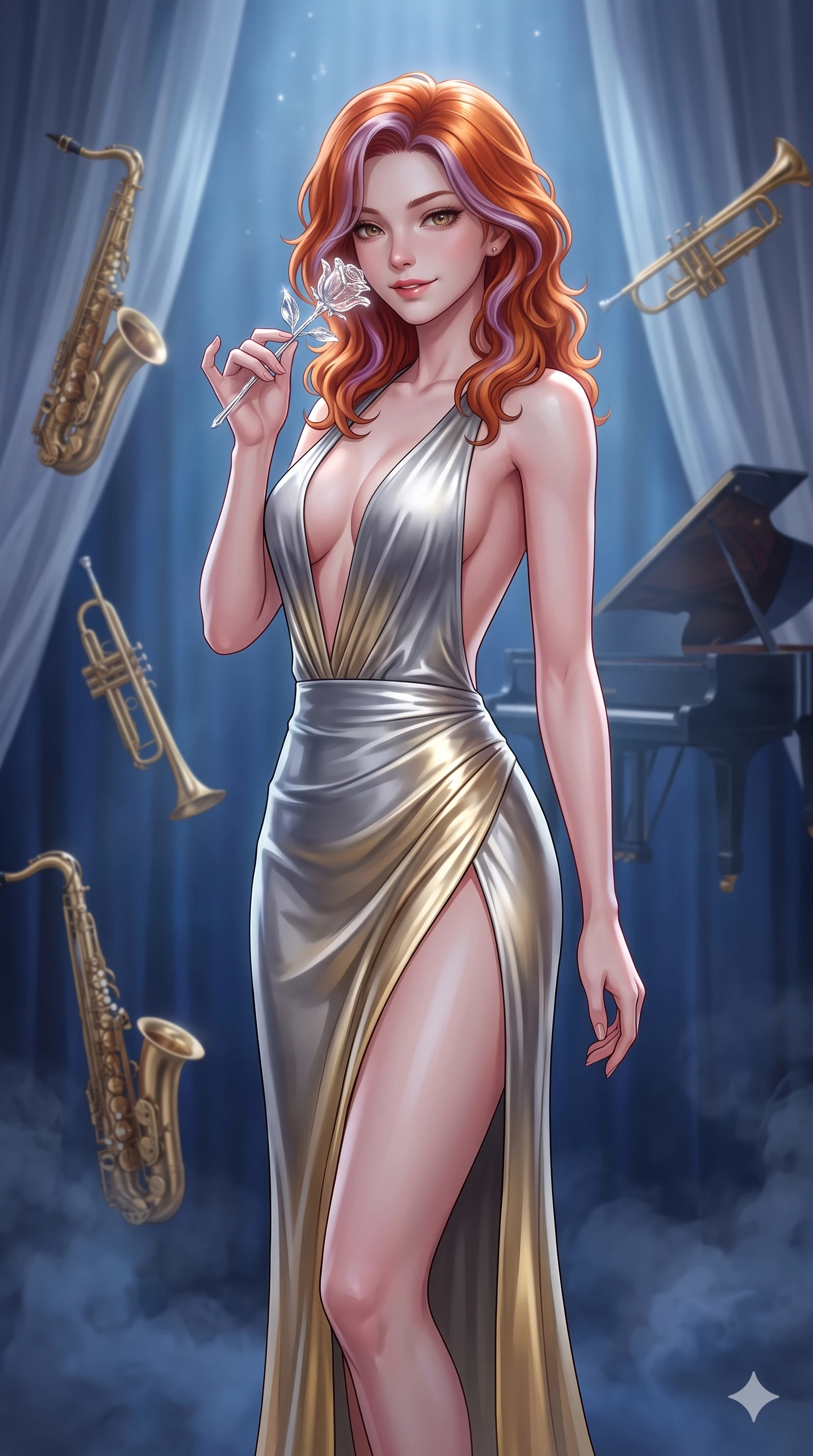 score_9, masterpiece, best quality, ultra-detailed, high-budget anime keyframe, editorial fashion photography, tasteful artistic composition, Caucasian woman, strictly human ears. close-up cowboy shot from the waist and thighs up, the character dominates the composition, filling the frame with her large presence, background elements kept in soft focus. Holding a delicate object up near her face while gazing at the viewer with a knowing smile. set against a soft-focus background of commanding the spotlight on a velvet-curtained jazz club stage surrounded by floating brass saxophones and trumpets that gleam in the smoky blue atmosphere with a grand piano hovering behind her. She has an exceptionally elegant and slender, willowy female figure with an ultra-slim waist, a gracefully sculpted slender torso, and a refined slim physique. sharp v-shaped jawline, high-bridge nose, intricate jewel-like eyes with depth, thick eyelashes, glossy lips with a natural sheen. wearing a deep plunging-V neck maxi dress in a liquid silver and gold gradient, featuring a bold open-back and a daring high slit ascending to mid-thigh. cold silver moonlight filtered through translucent gossamer curtains casting delicate shadows. 2k, ultra detail, master piece, 9:16 ratio
