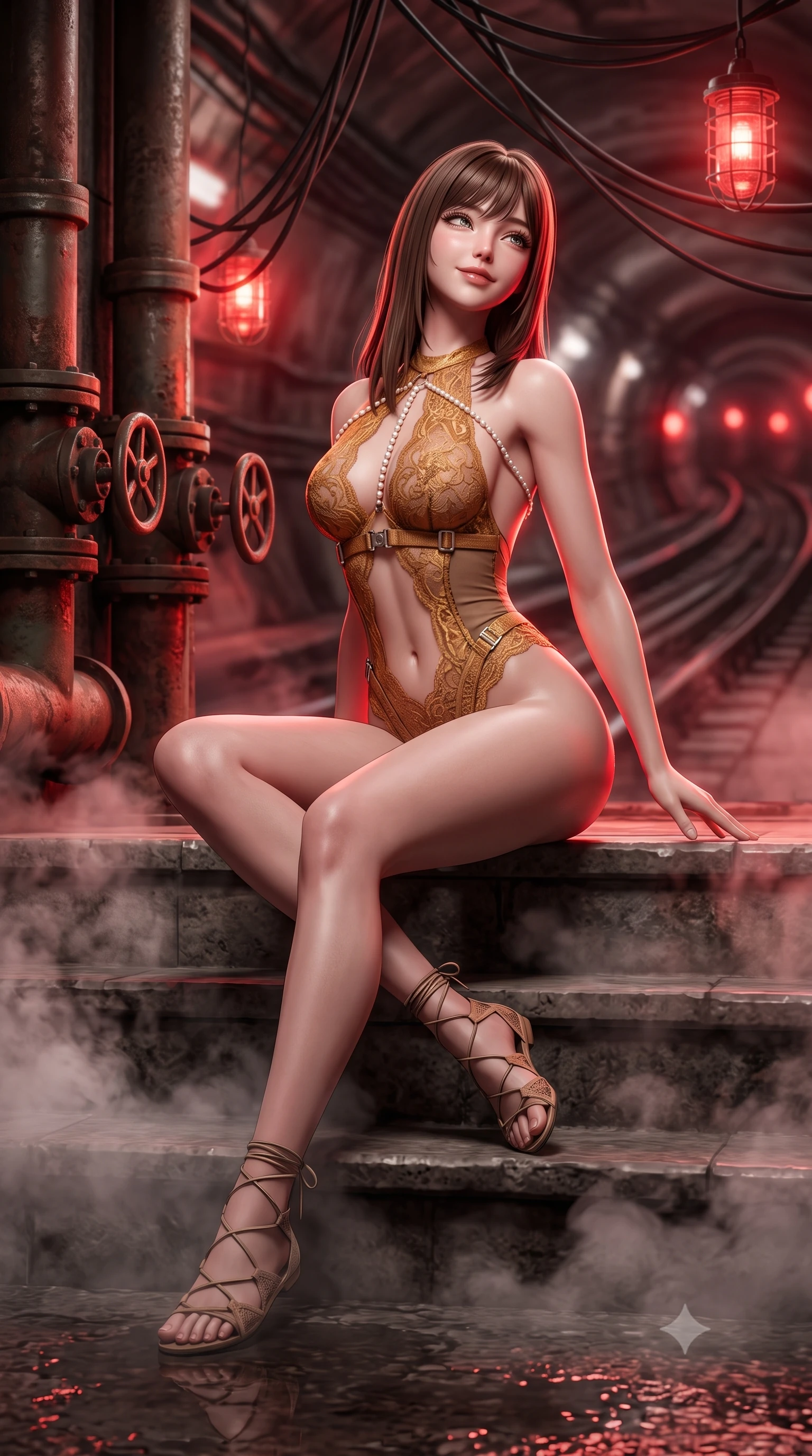 score_9, masterpiece, best quality, ultra-detailed, high-budget anime keyframe, semi-realistic 3D game render, editorial fashion photography, tasteful artistic composition, Korean woman. low angle full-body shot from head to toe showing her feet, filling the entire 9:16 vertical frame with her statuesque presence, stretching her vertical silhouette. sitting poised on the stone steps with one knee bent, arching her spine with supermodel elegance as she glances upward through thick eyelashes while twisting her slender torso in an alluring contrapposto stance between heavy conduit pipes, steam billowing around her long slender legs. The background shows a soft-focus pulsing caged red emergency beacons, curving subway rails, and hanging electrical cables blurred into crimson, rust, and obsidian bokeh. She has an absolutely perfect, statuesque 8.5-heads proportion, an exceptionally tall and slender model-like female figure with impossibly long slender legs, an ultra-slim waist, a flat toned midriff, narrow delicate ribcage, and beautifully sculpted feminine hips creating a graceful, slim hourglass silhouette without any bulky heaviness. sharp v-shaped jawline, high-bridge nose, sparkling eyes with hypnotic seductive depth, thick curled eyelashes, glossy parted lips with a natural dewy peach sheen, alluring bedroom-eyes with an enchanting coquettish smile, exuding magnetic siren charisma and sophisticated glamour, flawlessly proportioned anatomical accuracy, strict slender model proportions, natural body alignment, perfectly sculpted long slender limbs, ultra-slim waistline, clean dynamic posture without body distortion. wearing a slinky backless halterneck tactical leotard with micro-ripstop side panels and quick-release chrome buckles in warm amber honey and antique gold leaf, made of delicate semi-sheer French Chantilly lace with intricate eyelash edges, accented with a pearl-drop body harness subtly framing her dewy collarbones and spine, the liquid-tight tailored fabric clinging flawlessly to her narrow waist and rounded feminine hips, emphasizing every millimeter of her sculpted slim hourglass curves without any bulky heaviness. illuminated by wet track puddle bounce and sharp deep-red rim lights sculpting her jawline, flat midriff, and voluptuous hip curves. highly saturated vibrant anime colors, detailed shading with soft gradients, rich glossy textures, high-contrast stereoscopic depth, volumetric dynamic lighting, master piece, 9:16 ratio