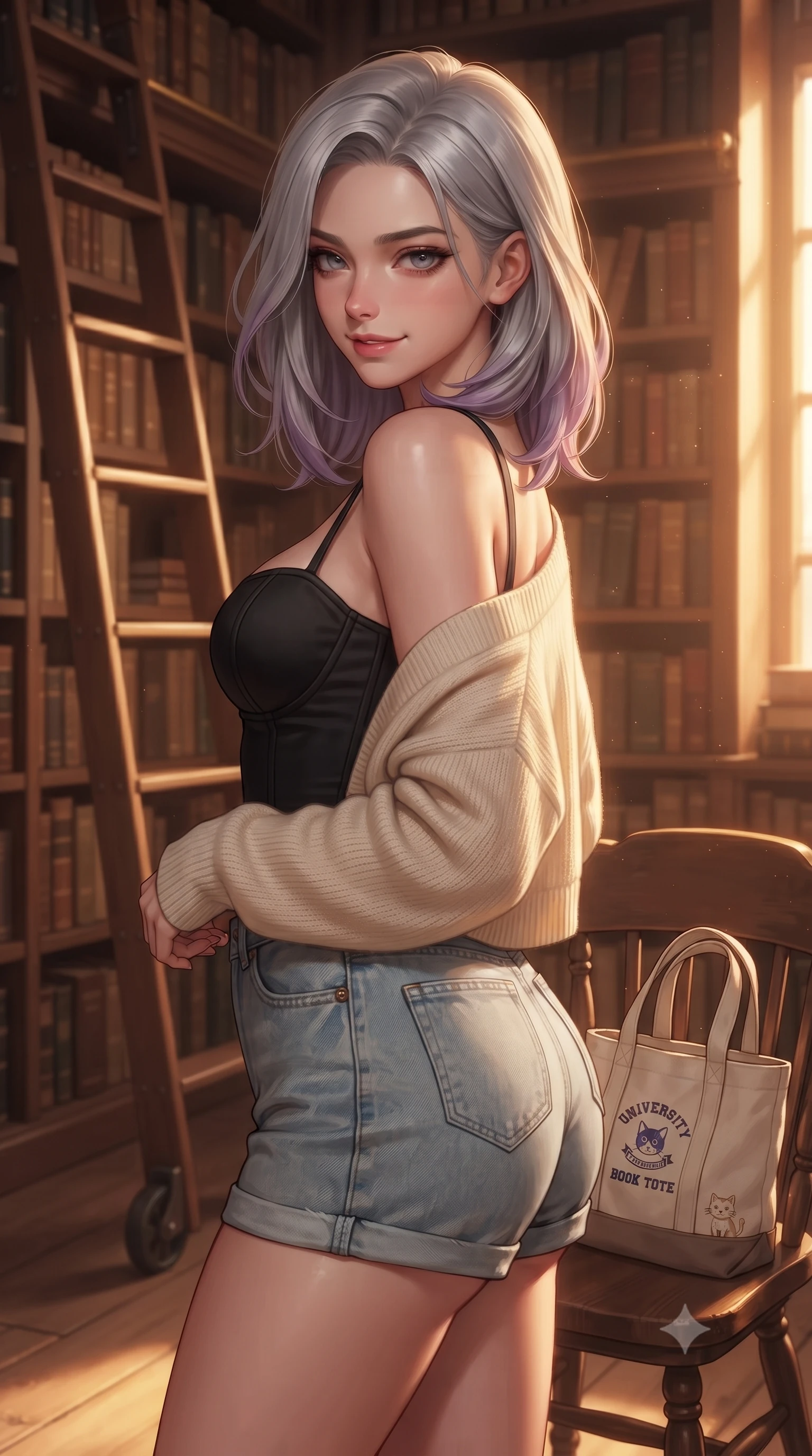score_9, masterpiece, best quality, ultra-detailed, high-budget anime keyframe, editorial fashion photography, tasteful artistic composition, Caucasian woman. close-up cowboy shot from the waist and thighs up, the character dominates the composition, filling the frame with her large presence, background elements kept in soft focus. glancing sidelong over her shoulder with an alluring, lingering gaze and a subtle grin set against a soft-focus background of in a university archives room with tall ladders and rows of vintage manuscripts with a cute canvas book tote bag sitting on the chair next to her. She has an exceptionally elegant, slender, and willowy female figure with an ultra-slim waist, a gracefully sculpted slender torso, and a refined silhouette. sharp v-shaped jawline, high-bridge nose, intricate jewel-like eyes with depth, thick eyelashes, glossy lips with a natural sheen. wearing body-hugging tailored cotton bustier top paired with high-waist denim shorts and a light cardigan. cozy golden hour sunset light illuminating the dusty bookshelves with a warm glow. ultra-reflective glossy finish, specular highlights, metallic sheen, high-contrast stereoscopic depth, volumetric dynamic lighting, 2k, ultra detail, master piece, 9:16 ratio