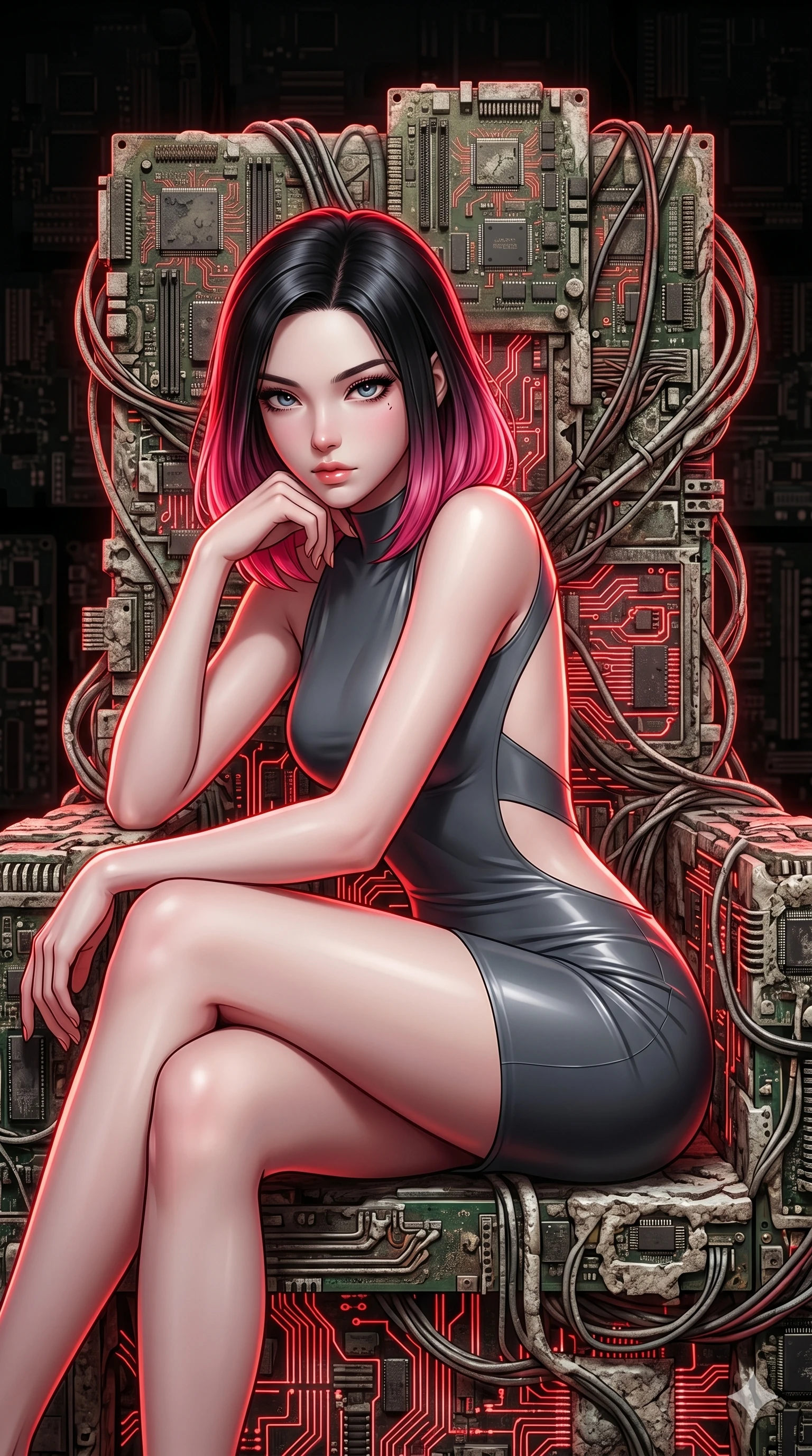 score_9, masterpiece, best quality, ultra-detailed, high-budget anime keyframe, Korean woman. Upper body close-up from the thighs up, character filling the screen for maximum presence. She is seated dynamically on a throne of calcified logic boards and glowing red circuits. She leans forward with a dangerous, enticing smolder, resting one elbow on her knee. She has an absolutely perfect 8-heads proportion, an exceptionally tall and slender female figure with impossibly long slender legs and an ultra-slim waist. V-shaped jawline, high-bridge nose, intricate jewel-like eyes with depth, thick eyelashes, glossy lips with a natural sheen. She is wearing a second-skin fashion-latex mini dress with a clean architectural front, featuring an open-back design that wraps around the sides of her waist, showcasing her slender silhouette. The scene is bathed in bright white studio flash light and sharp crimson rim lighting outlining her silhouette. 2k, ultra detail, master piece, 9:16 ratio