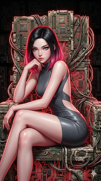score_9, masterpiece, best quality, ultra-detailed, high-budget anime keyframe, Korean woman. Upper body close-up from the thighs up, character filling the screen for maximum presence. She is seated dynamically on a throne of calcified logic boards a