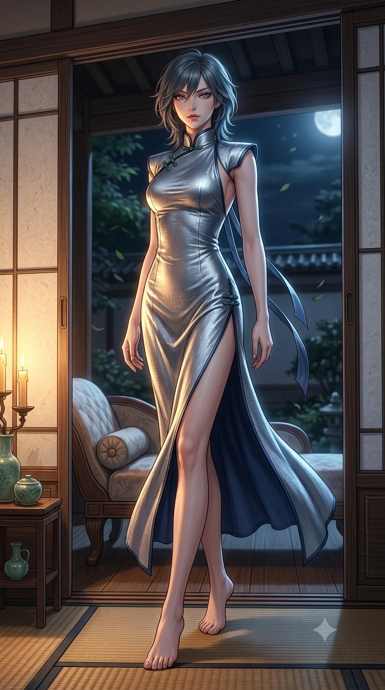 score_9, masterpiece, best quality, ultra-detailed, high-budget anime keyframe, semi-realistic 3D game render, editorial fashion photography, tasteful artistic composition, Caucasian woman. low angle full-body shot from head to toe showing her feet, filling the entire 9:16 vertical frame with her statuesque presence, stretching her vertical silhouette. reclining gracefully across the plush chaise lounge with one leg extended, her sculpted silhouette and flat midriff radiating magnetic nocturnal glamour while standing poised in the doorway opening, night breezes billowing her sheer silk garments open around her long slender legs. The surrounding environment is rendered in vivid detail and crisp panoramic clarity: sharp mulberry paper texture on sliding doors, woven rush mat seams, and celadon ceramic glaze in deep focus. She has an absolutely perfect, statuesque 8.5-heads proportion, an exceptionally tall and slender model-like female figure with impossibly long slender legs, an ultra-slim waist, a flat toned midriff, narrow delicate ribcage, and beautifully sculpted feminine hips creating a graceful, slim hourglass silhouette without any bulky heaviness. sharp v-shaped jawline, high-bridge nose, sparkling eyes with hypnotic seductive depth, thick curled eyelashes, glossy parted lips with a natural dewy peach sheen, alluring bedroom-eyes with an enchanting coquettish smile, exuding magnetic siren charisma and sophisticated glamour, flawlessly proportioned anatomical accuracy, strict slender model proportions, natural body alignment, perfectly sculpted long slender limbs, ultra-slim waistline, clean dynamic posture without body distortion. wearing a refined high-collar fusion qipao evening column gown with structured shoulders and modest jade toggle clasps in metallic liquid silver and deep sapphire navy, woven from bespoke Korean ramie fabric with crisp tactile slub texture, finished with long silk ribbon ties fluttering down her bare spine from a backless halter, the bespoke structured tailoring following the natural line of her 8.5-heads silhouette with refined elegance. bathed in warm golden candlelight glowing from within the interior room mixed with cool moonlight fill. highly saturated vibrant anime colors, detailed shading with soft gradients, rich glossy textures, high-contrast stereoscopic depth, volumetric dynamic lighting, master piece, 9:16 ratio
