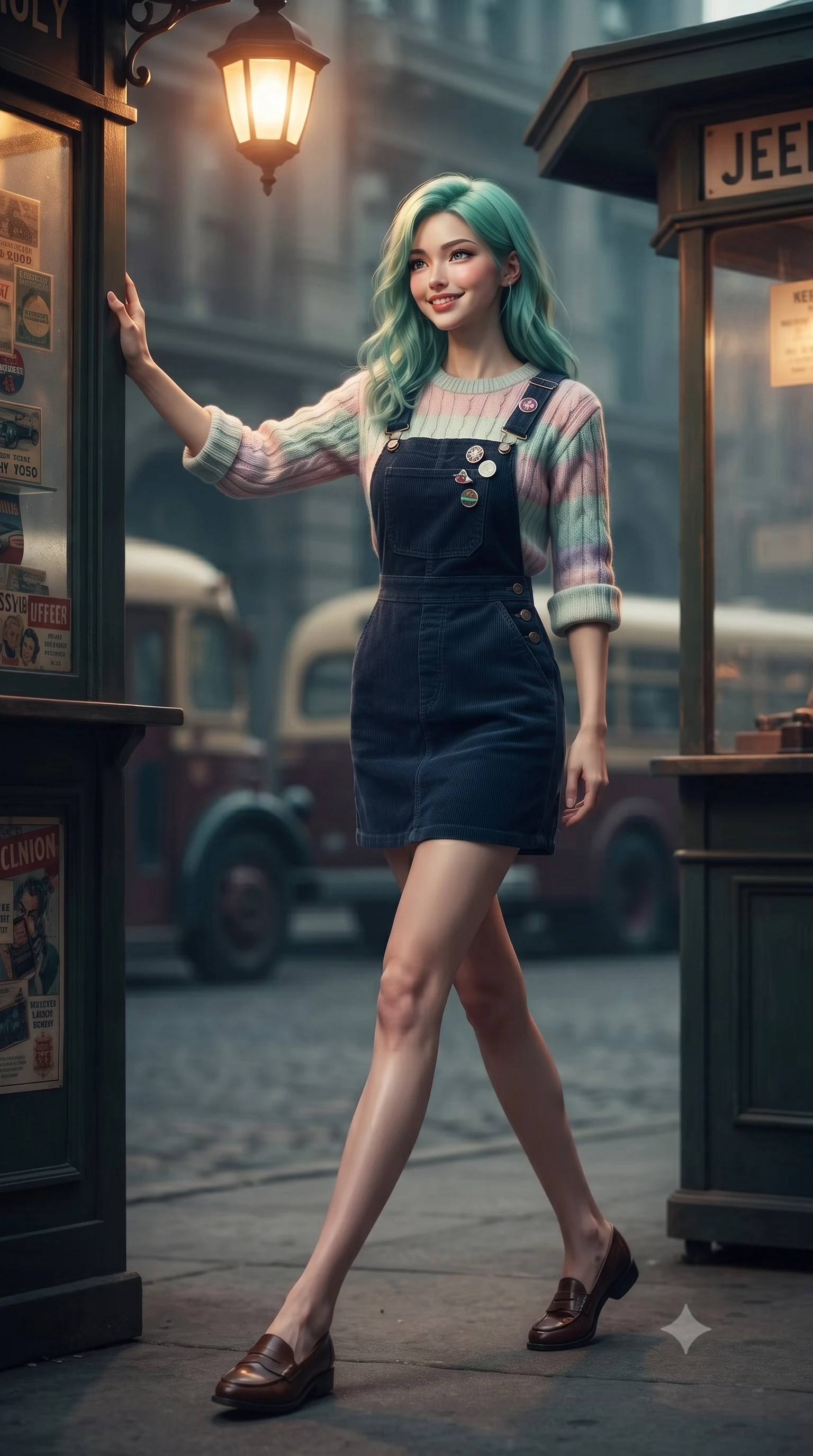 score_9, masterpiece, best quality, ultra-detailed, high-budget anime keyframe, editorial fashion photography, tasteful artistic composition, Japanese woman. low angle full-body shot from head to toe showing her feet, filling the entire 9:16 vertical frame with her statuesque presence, stretching her vertical silhouette. striding forward in a proud, dynamic supermodel runway stride, her statuesque vertical silhouette commanding the entire frame while leaning against the exterior booth frame under a streetlamp, smiling warmly at someone approaching beyond the camera. The composition keeps background elements in soft focus with creamy bokeh. retro street corner architecture and passing vintage buses softened in moody 35mm film depth. She has an absolutely perfect, statuesque 8.5-heads proportion, an exceptionally tall and slender model-like female figure with impossibly long slender legs, a toned flat midriff, and an ultra-slim waist. sharp v-shaped jawline, high-bridge nose, intricate jewel-like eyes with depth, thick eyelashes, glossy lips with a natural sheen, captivating and magnetic expression, flawlessly proportioned anatomical accuracy, strict slender model proportions, natural body alignment, perfectly sculpted long slender limbs, ultra-slim waistline, clean dynamic posture without body distortion. wearing a vintage corduroy dungaree dress layered over a pastel striped baby-tee with rolled cuffs in deep navy blue and vintage brass gold, knitted from soft cozy lambswool yarn with cable-knit textures, finished with retro enamel varsity pins and classic leather loafers, the breezy yet form-flattering drape swaying gracefully with her steps, accentuating her long willowy limbs and slim waistline. surrounded by an emotional, poetic, and heartwarming vintage movie heroine aura. ultra-reflective glossy finish, specular highlights, rich textural contrasts, high-contrast stereoscopic depth, volumetric dynamic lighting, 2k, ultra detail, master piece, 9:16 ratio