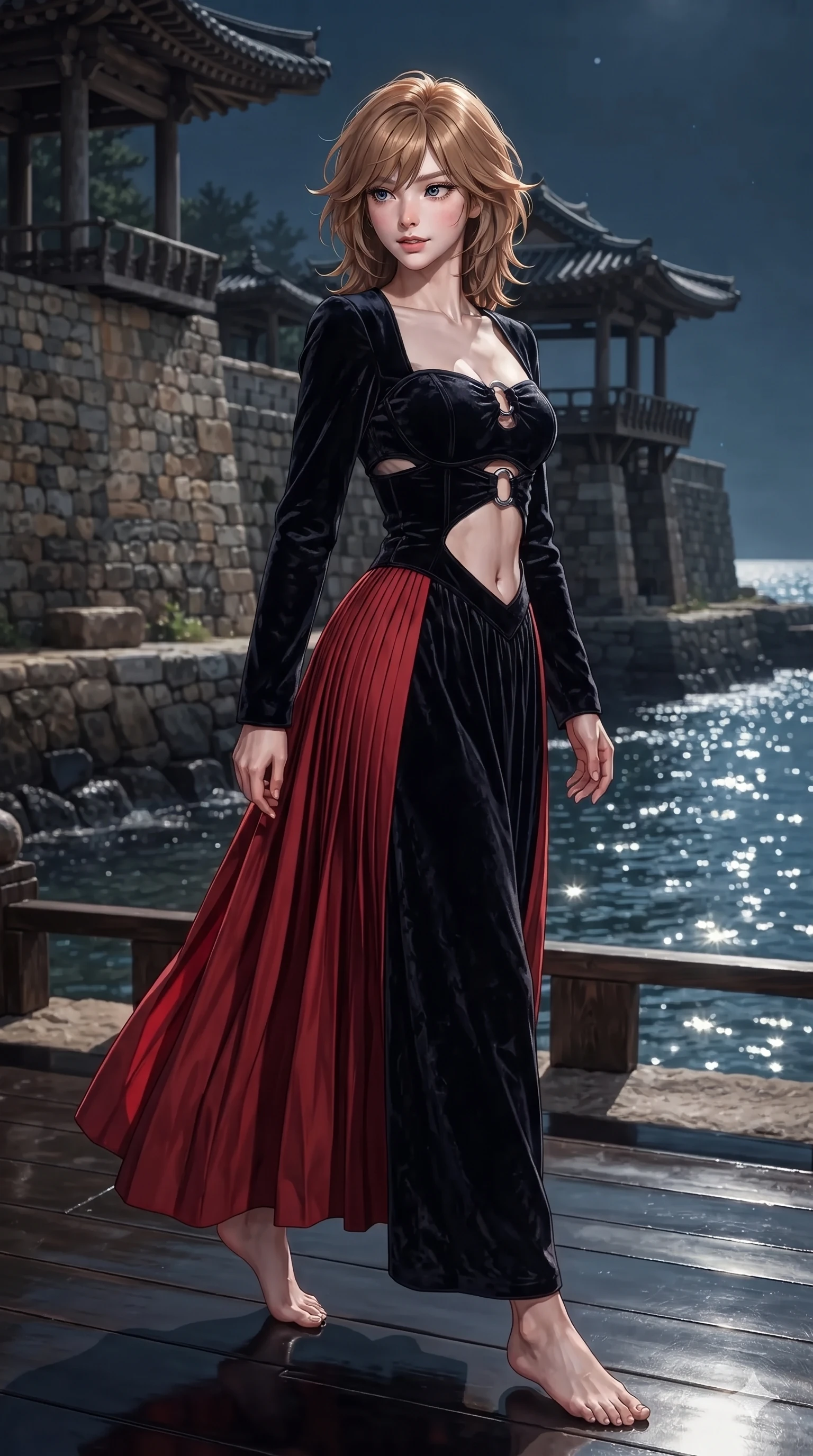 score_9, masterpiece, best quality, ultra-detailed, high-budget anime keyframe, editorial fashion photography, tasteful artistic composition, Korean woman. low angle full-body shot from head to toe showing her feet, filling the entire 9:16 vertical frame with her statuesque presence, stretching her vertical silhouette. walking along the waterfront terrace with poise, looking back over her bare shoulder with an irresistible smoldering bedroom-gaze while twisting her slender torso in an alluring S-curve beside the low lacquer table, moonlight reflecting off her flat midriff and hourglass curves. The surrounding environment is rendered in vivid detail and crisp panoramic clarity: detailed sheer gossamer hanbok blouse tailoring, silk bandeau, and historic coastal construction in razor-sharp clarity. She has an absolutely perfect, statuesque 8.5-heads proportion, an exceptionally tall and slender model-like female figure with impossibly long slender legs, an ultra-slim waist, a flat toned midriff, narrow delicate ribcage, and beautifully sculpted feminine hips creating a graceful, slim hourglass silhouette without any bulky heaviness. sharp v-shaped jawline, high-bridge nose, sparkling eyes with hypnotic seductive depth, thick curled eyelashes, glossy parted lips with a natural dewy peach sheen, alluring bedroom-eyes with an enchanting coquettish smile, exuding magnetic siren charisma and sophisticated glamour, flawlessly proportioned anatomical accuracy, strict slender model proportions, natural body alignment, perfectly sculpted long slender limbs, ultra-slim waistline, clean dynamic posture without body distortion. wearing an elegant long-sleeve embroidered silk chima gown with a structured jeogori bodice and graceful pleated drape in midnight obsidian black and rich cinnabar red, tailored from crushed dark velvet with deep light-absorbing plush texture, accented with sculptural chrome hardware rings framing the subtle cutouts, the bespoke structured tailoring following the natural line of her 8.5-heads silhouette with refined elegance. bathed in high-intensity silver moonlight reflecting off open ocean waters. ultra-reflective glossy finish, specular highlights, rich textural contrasts, high-contrast stereoscopic depth, volumetric dynamic lighting, 2k, ultra detail, master piece, 9:16 ratio