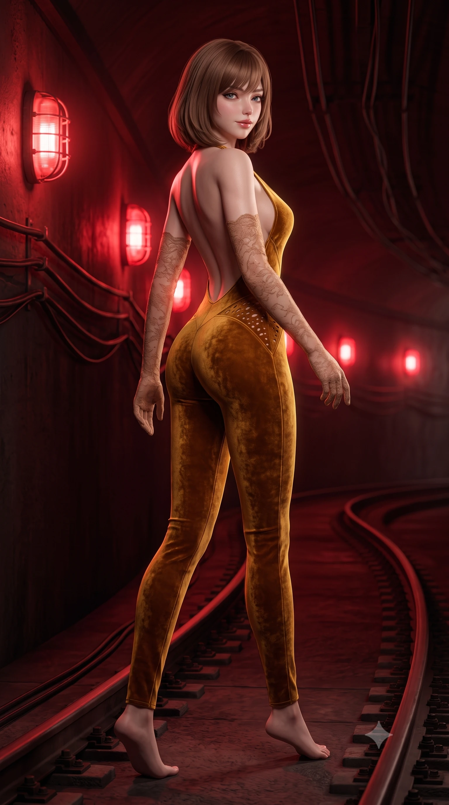 score_9, masterpiece, best quality, ultra-detailed, high-budget anime keyframe, semi-realistic 3D game render, editorial fashion photography, tasteful artistic composition, Caucasian woman. low angle full-body shot from head to toe showing her feet, filling the entire 9:16 vertical frame with her statuesque presence, stretching her vertical silhouette. executing a slow, graceful pivot turn as her skirt sways around her slender legs, glancing back with an enchanting, teasing sensual expression while walking along the curved subway maintenance tracks, arching her back with predatory siren elegance as red emergency lights pulse. The background shows a soft-focus pulsing caged red emergency beacons, curving subway rails, and hanging electrical cables blurred into crimson, rust, and obsidian bokeh. She has an absolutely perfect, statuesque 8.5-heads proportion, an exceptionally tall and slender model-like female figure with impossibly long slender legs, an ultra-slim waist, a flat toned midriff, narrow delicate ribcage, and beautifully sculpted feminine hips creating a graceful, slim hourglass silhouette without any bulky heaviness. sharp v-shaped jawline, high-bridge nose, sparkling eyes with hypnotic seductive depth, thick curled eyelashes, glossy parted lips with a natural dewy peach sheen, alluring bedroom-eyes with an enchanting coquettish smile, exuding magnetic siren charisma and sophisticated glamour, flawlessly proportioned anatomical accuracy, strict slender model proportions, natural body alignment, perfectly sculpted long slender limbs, ultra-slim waistline, clean dynamic posture without body distortion. wearing a backless plunge-front second-skin stealth jumpsuit with fluid tapered legs and laser-cut hip ventilation in warm amber honey and antique gold leaf, tailored from ultra-plush velvet with rich tactile depth and deep shadow gradients, complemented by sheer opera-length lace evening gloves tracing her slender arms, the form-contouring silhouette accentuating her sculpted flat midriff, narrow delicate ribcage, and gracefully curvy hips with intoxicating allure. bathed in rhythmic crimson strobe glow from industrial bulkhead wall fixtures. highly saturated vibrant anime colors, detailed shading with soft gradients, rich glossy textures, high-contrast stereoscopic depth, volumetric dynamic lighting, master piece, 9:16 ratio