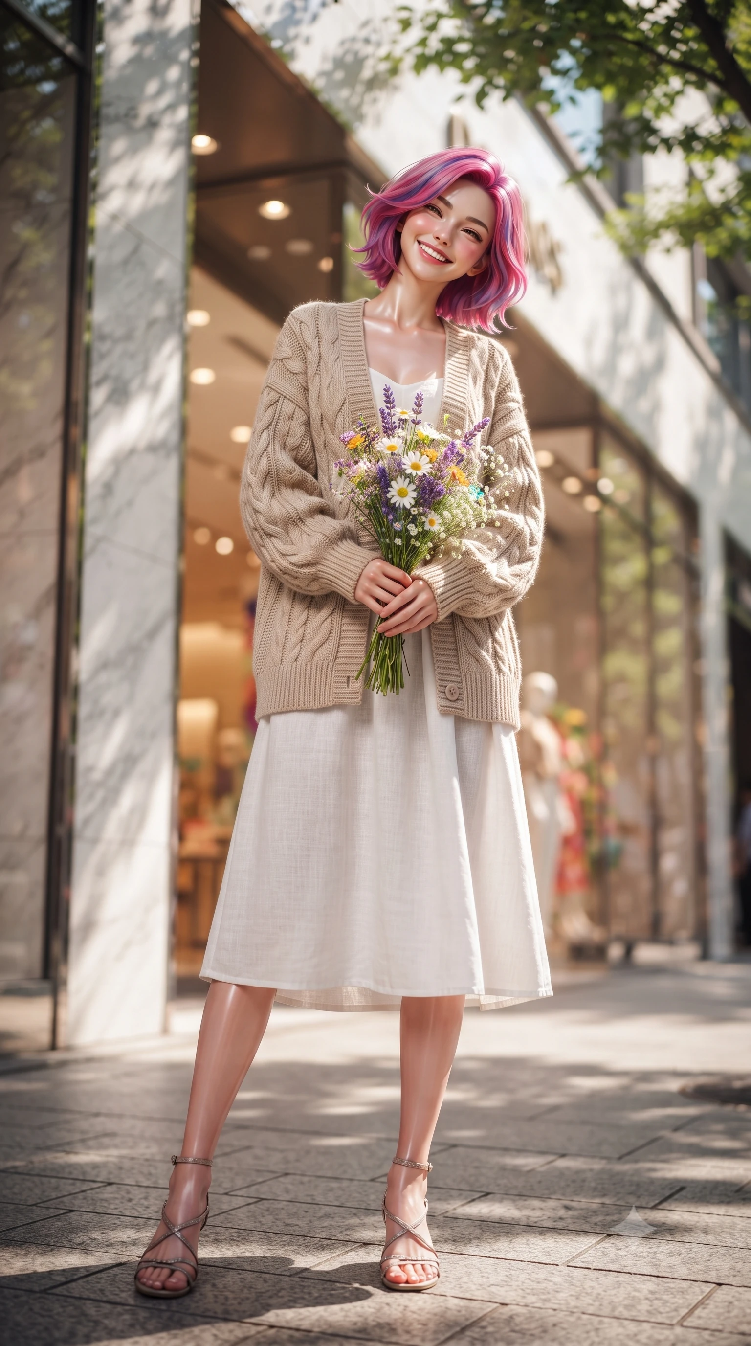 score_9, masterpiece, best quality, ultra-detailed, high-budget anime keyframe, editorial fashion photography, tasteful artistic composition, Caucasian woman. low angle full-body shot from head to toe showing her feet, filling the entire 9:16 vertical frame with her statuesque presence, stretching her vertical silhouette. standing with a cute, bright pose, tilting her head with a beaming smile set against a soft-focus background of near a chic department store entrance with marble walls and glass displays holding a small bouquet of fresh flowers bought from a street vendor. She has an absolutely perfect, statuesque 8.5-heads proportion, an exceptionally tall and slender model-like female figure with impossibly long slender legs and an ultra-slim waist. sharp v-shaped jawline, high-bridge nose, intricate jewel-like eyes with depth, thick eyelashes, glossy lips with a natural sheen. wearing body-hugging cozy knit cardigan in beige, layered over a casual linen dress. dappled sunlight filtering through the street trees, casting soft shadows. ultra-reflective glossy finish, specular highlights, metallic sheen, high-contrast stereoscopic depth, volumetric dynamic lighting, 2k, ultra detail, master piece, 9:16 ratio