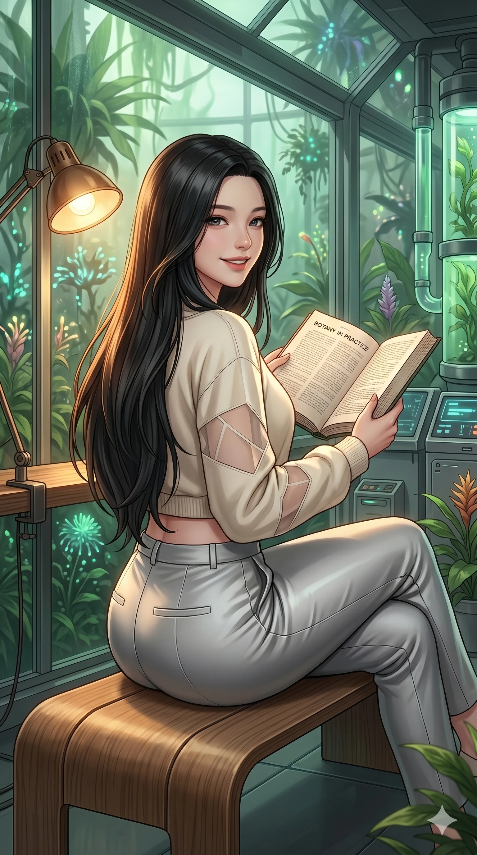 score_9, masterpiece, best quality, ultra-detailed, high-budget anime keyframe, Korean woman. Upper body close-up from the thighs up, character filling the screen for maximum presence. Inside a biotech greenhouse, reading a paper book about botany, sitting on a modern bench, looking back with a warm, nostalgic smile. She is wearing a comfortable cropped sweater with sheer panels and silver trousers. The scene is lit by a warm reading lamp and soft green light filtering from a window. 2k, ultra detail, master piece, 9:16 ratio