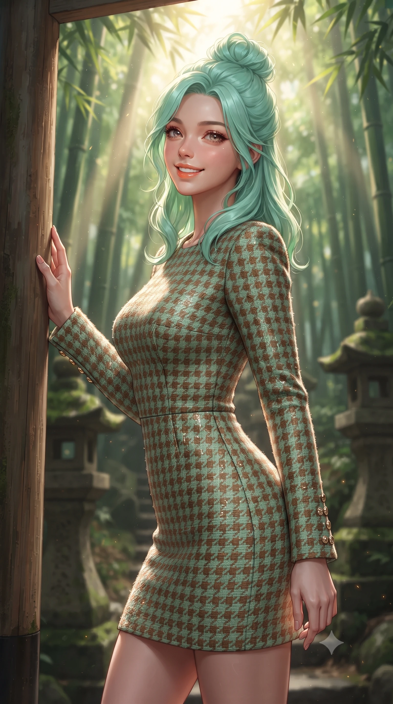 score_9, masterpiece, best quality, ultra-detailed, high-budget anime keyframe, editorial fashion photography, tasteful artistic composition, Japanese woman. close-up cowboy shot from the waist and thighs up, the character dominates the composition, filling the frame with her large presence. turning in an alluring three-quarter profile with head tilted, her glossy parted lips and jewel-like eyes catching the warm light while pausing beside a weathered wooden torii gate entrance, one hand resting on the cedar post with timeless Kyoto charm. The background shows a soft-focus ancient mossy stone lanterns softened in mystical Japanese natural sanctuary shallow focus. She has an exceptionally elegant, slender, and willowy female figure with an ultra-slim waist, flat toned midriff, narrow ribcage, and sculpted feminine hips creating an alluring, slim hourglass silhouette without bulk. sharp v-shaped jawline, high-bridge nose, intricate jewel-like sparkling eyes with depth, thick eyelashes, glossy parted lips with a natural peach sheen, bright cheerful beaming smile with an enchanting and coquettish sensual glint, exuding both youthful cute charm and seductive allure, flawlessly proportioned anatomical accuracy, strict slender model proportions, natural body alignment, perfectly sculpted long slender limbs, ultra-slim waistline, clean dynamic posture without body distortion. wearing a form-contouring pastel bouclé tweed bodycon mini dress with structured waist darts and decorative pearl buttons in heritage British racing green and warm cognac brown, tailored from form-contouring ribbed merino wool hugging her torso like a second skin, accented with delicate gold button studs trailing down the snug sleeve cuffs, the form-contouring silhouette accentuating her sculpted flat midriff, narrow delicate ribcage, and gracefully curvy hips with intoxicating allure. bathed in ethereal shafts of morning sunlight (komorebi) piercing through dense emerald bamboo canopies. ultra-reflective glossy finish, specular highlights, rich textural contrasts, high-contrast stereoscopic depth, volumetric dynamic lighting, 2k, ultra detail, master piece, 9:16 ratio