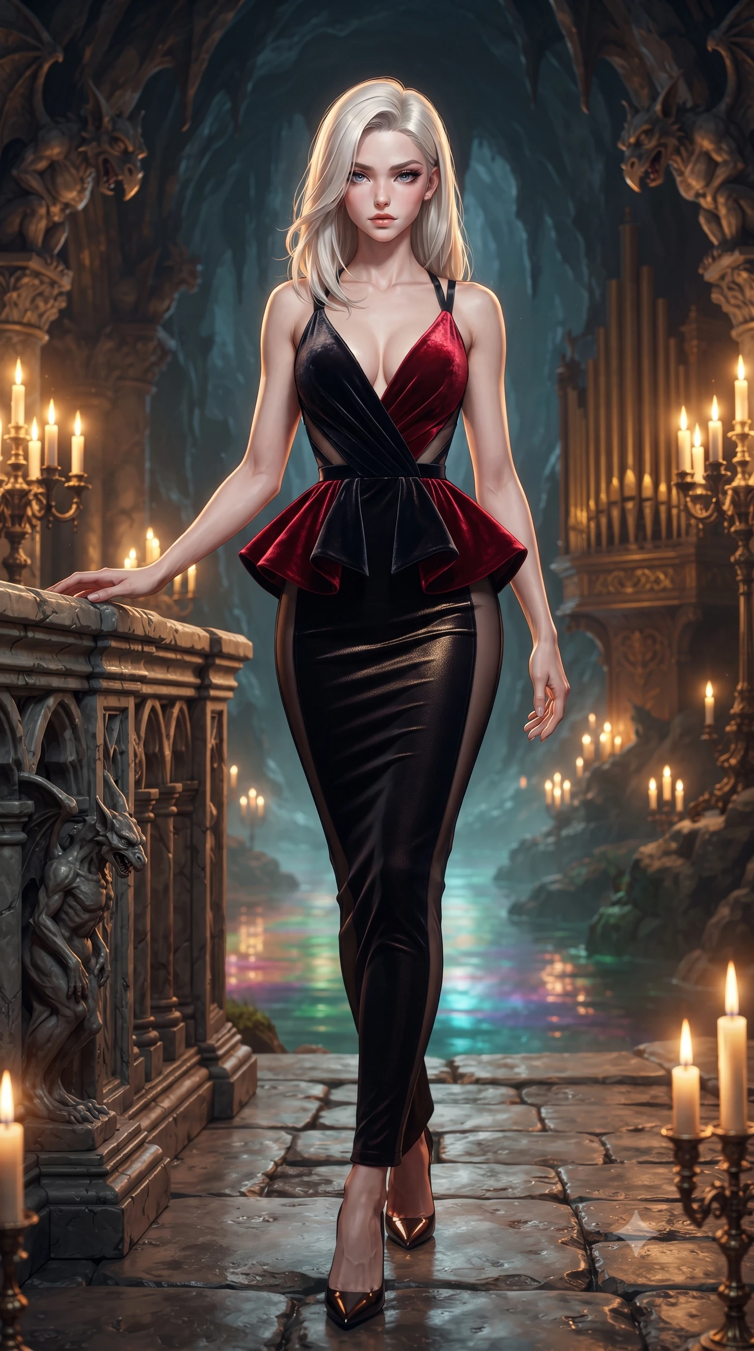 score_9, masterpiece, best quality, ultra-detailed, high-budget anime keyframe, editorial fashion photography, tasteful artistic composition, Caucasian woman. low angle full-body shot from head to toe showing her feet, filling the entire 9:16 vertical frame with her statuesque presence, stretching her vertical silhouette. striding forward in a proud supermodel runway stride, hips swaying in an alluring kinetic rhythm that accentuates her curvy hourglass silhouette while resting one hand on the cold stone balustrade above the mist-veiled subterranean pool, lower back arched to emphasize her sculpted feminine hips. The surrounding environment is rendered in vivid detail and crisp panoramic clarity. sharp carved gothic gargoyle textures, gilded organ pipe polish, and wet cavern flagstones in deep focus. She has an exceptionally tall and slender model-like 8.5-heads proportion, an ultra-slim waist, a flat toned midriff, narrow delicate ribcage, and beautifully sculpted feminine hips creating a graceful, slim hourglass silhouette without any bulky heaviness, with impossibly long slender legs. sharp v-shaped jawline, high-bridge nose, intricate jewel-like eyes with depth, thick eyelashes, glossy parted lips with a natural sheen, intensely captivating and seductive bedroom-eyes expression, flawlessly proportioned anatomical accuracy, strict slender model proportions, natural body alignment, perfectly sculpted long slender limbs, ultra-slim waistline, clean dynamic posture without body distortion. wearing a structural geometric peplum gown with sheer side-ribbon cutouts and form-fitting skirt in phantom obsidian black and blood-red velvet, crafted from luxurious metallic lamé that shifts radiance with every step, finished with criss-cross back satin straps highlighting her graceful shoulder blades, the glove-like aerodynamic silhouette tightly following the natural contour of her hips and long slender legs with statuesque 8.5-heads elegance. bathed in warm golden candelabra flicker from all sides and soft subterranean lake water reflections. ultra-reflective glossy finish, specular highlights, rich textural contrasts, high-contrast stereoscopic depth, volumetric dynamic lighting, 2k, ultra detail, master piece, 9:16 ratio