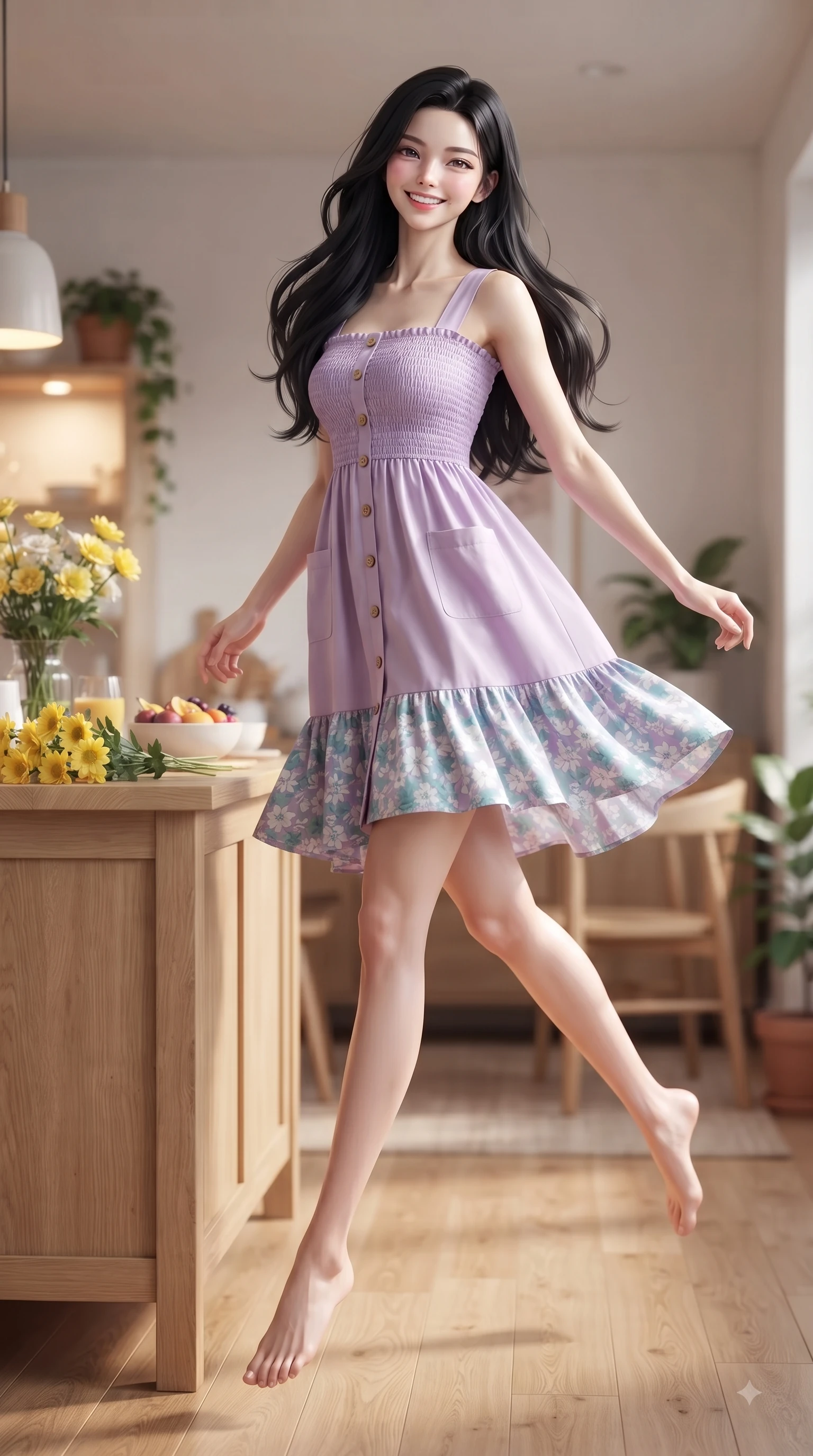 score_9, masterpiece, best quality, ultra-detailed, high-budget anime keyframe, editorial fashion photography, tasteful artistic composition, Korean woman. low angle full-body shot from head to toe showing her feet, filling the entire 9:16 vertical frame with her statuesque presence, stretching her vertical silhouette. leaping with pure youthful energy through the scene with a radiant bright smile, her long slender legs balanced gracefully while standing near a wooden kitchen island decorated with fresh yellow flowers and breakfast fruit. The composition keeps background elements in soft focus with dreamy bokeh. Scandinavian oak furniture and potted houseplants blurred in gentle, creamy morning bokeh. She has an absolutely perfect, statuesque 8.5-heads proportion, an exceptionally tall and slender model-like female figure with impossibly long slender legs and an ultra-slim waist. sharp v-shaped jawline, high-bridge nose, intricate jewel-like eyes with depth, thick eyelashes, glossy lips with a natural sheen, flawlessly proportioned anatomical accuracy, natural body alignment, perfectly sculpted elegant limbs, clean dynamic posture without body distortion. wearing a romantic lilac square-neck sundress with soft smocked bodice and fluttery hem in ocean turquoise and sea-salt white, tailored from crisp cotton poplin, finished with neat front wooden buttons and pocket details, the soft airy drape swaying gracefully with her dynamic movements. illuminated by cozy ambient indoor glow and clean natural sunlight. ultra-reflective glossy finish, specular highlights, metallic sheen, high-contrast stereoscopic depth, volumetric dynamic lighting, 2k, ultra detail, master piece, 9:16 ratio