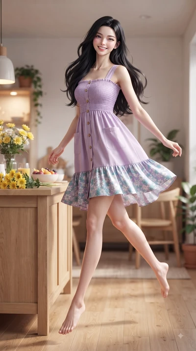 score_9, masterpiece, best quality, ultra-detailed, high-budget anime keyframe, editorial fashion photography, tasteful artistic composition, Korean woman. low angle full-body shot from head to toe showing her feet, filling the entire 9:16 vertical f