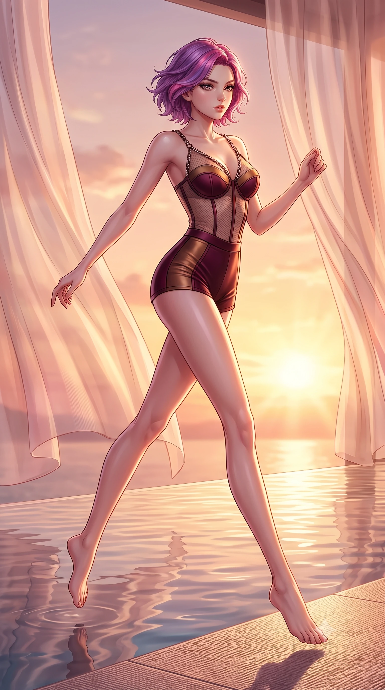 score_9, masterpiece, best quality, ultra-detailed, high-budget anime keyframe, editorial fashion photography, tasteful artistic composition, Caucasian woman. low angle full-body shot from head to toe showing her feet, filling the entire 9:16 vertical frame with her statuesque presence, stretching her vertical silhouette. leaping gracefully through the environment with statuesque elegance and long slender legs poised beside an infinity reflecting pool mirroring a warm sunset sky, translucent silk curtains drifting lazily in a warm sky breeze. She has an absolutely perfect, statuesque 8.5-heads proportion, an exceptionally tall and slender model-like female figure with impossibly long slender legs and an ultra-slim waist. sharp v-shaped jawline, high-bridge nose, intricate jewel-like eyes with depth, thick eyelashes, glossy lips with a natural sheen. wearing a delicate see-through mesh top with structured cup boning and micro-shorts in deep burgundy and bronze, formed from sleek second-skin neoprene, adorned with delicate metallic chain straps along the neckline, the glove-like fit emphasizing her statuesque silhouette. bathed in glorious golden hour sunbeams and warm rose-gold ambient light. highly saturated vibrant anime colors, detailed shading with soft gradients, rich glossy textures, high-contrast stereoscopic depth, volumetric dynamic lighting, master piece, 9:16 ratio