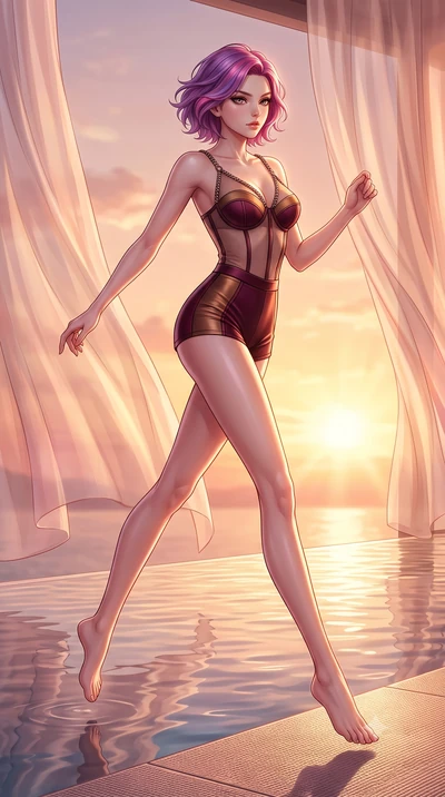 score_9, masterpiece, best quality, ultra-detailed, high-budget anime keyframe, editorial fashion photography, tasteful artistic composition, Caucasian woman. low angle full-body shot from head to toe showing her feet, filling the entire 9:16 vertica