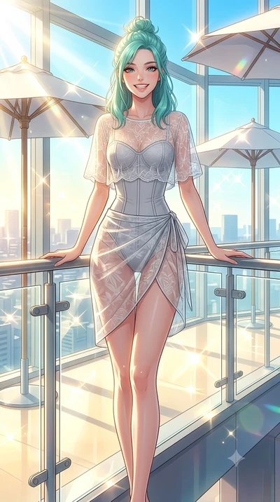 score_9, masterpiece, best quality, ultra-detailed, high-budget anime keyframe, vibrant anime aesthetic, Japanese woman. cowboy shot from the thighs up, character and outfit filling the frame for maximum presence. She is leaning on a balcony railing,