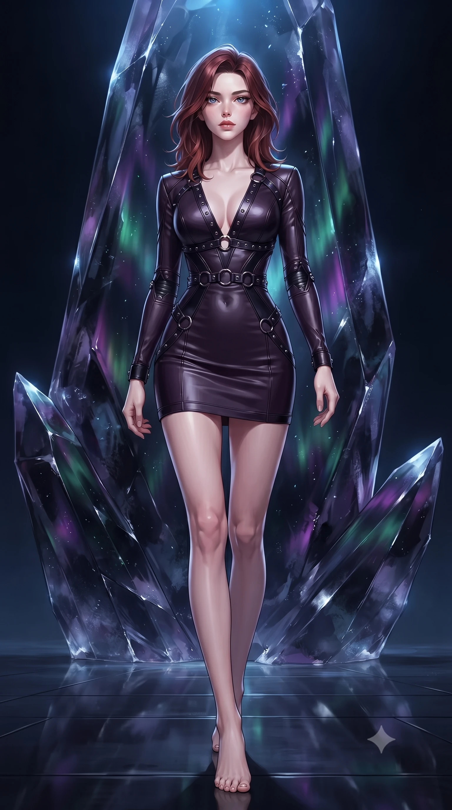 score_9, masterpiece, best quality, ultra-detailed, high-budget anime keyframe, editorial fashion photography, tasteful artistic composition, Korean woman. low angle full-body shot from head to toe showing her feet, filling the entire 9:16 vertical frame with her statuesque presence, stretching her vertical silhouette. navigating the midnight sanctuary with an effortless, graceful stride, poised before a colossal frozen shadow crystal trapping dark aurora light, dark translucent ice facets reflecting sharp silver specular highlights. She has an absolutely perfect, statuesque 8.5-heads proportion, an exceptionally tall and slender model-like female figure with impossibly long slender legs and an ultra-slim waist. sharp v-shaped jawline, high-bridge nose, intricate jewel-like eyes with depth, thick eyelashes, glossy lips with a natural sheen. wearing aerodynamic second-skin dark silver metallic bodycon dress in dark plum violet, made of polished black leather, trimmed with dark chrome ring hardware along the waist contours, the fitted fabric emphasizing her ultra-slim waist. lit by intense icy blue key light emerging from pitch-black glacial darkness. highly saturated vibrant anime colors, detailed shading with soft gradients, rich glossy textures, high-contrast stereoscopic depth, volumetric dynamic lighting, master piece, 9:16 ratio
