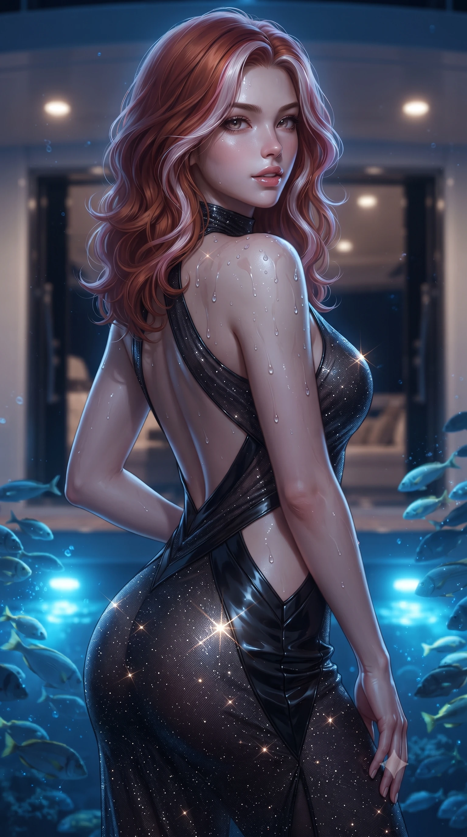 score_9, masterpiece, best quality, ultra-detailed, high-budget anime keyframe, editorial fashion photography, tasteful artistic composition, Caucasian woman. close-up cowboy shot from the waist and thighs up, the character dominates the composition, filling the frame with her large presence. posing in an alluring rear three-quarter angle, looking over a bare shoulder with parted glossy lips, her hips cocked back to highlight her slim hourglass curve while twisting her slender torso in an alluring S-curve, underwater blue hull lights illuminating schools of reef fish around her feet and curves. The background shows a soft-focus hydraulic folding hull door mechanisms softened in cutting-edge naval shallow focus. She has an exceptionally elegant, slender, and willowy female figure with an ultra-slim waist, flat toned midriff, narrow ribcage, and sculpted feminine hips creating an alluring, slim hourglass silhouette without bulk. sharp v-shaped jawline, high-bridge nose, sparkling eyes with hypnotic seductive depth, thick curled eyelashes, glossy parted lips with a natural dewy peach sheen, alluring bedroom-eyes with an enchanting coquettish smile, exuding magnetic siren charisma and sophisticated glamour, flawlessly proportioned anatomical accuracy, strict slender model proportions, natural body alignment, perfectly sculpted long slender limbs, ultra-slim waistline, clean dynamic posture without body distortion. wearing a provocative high-neck sheer illusion cocktail dress with liquid satin ribbons contouring her curves in wet-look onyx black with electric magenta reflections, woven from stretch metallic lurex jersey casting radiant starlight glints across her silhouette, finished with glistening drops of pool water beading across her sculpted shoulders and collarbones, the precision-cut side openings and low-back scoop framing her graceful spine and the sensual sweep of her slim, toned hips. bathed in brilliant underwater sapphire LED hull lighting paired with warm recessed ceiling spotlights from the beach club salon. ultra-reflective glossy finish, specular highlights, rich textural contrasts, high-contrast stereoscopic depth, volumetric dynamic lighting, 2k, ultra detail, master piece, 9:16 ratio