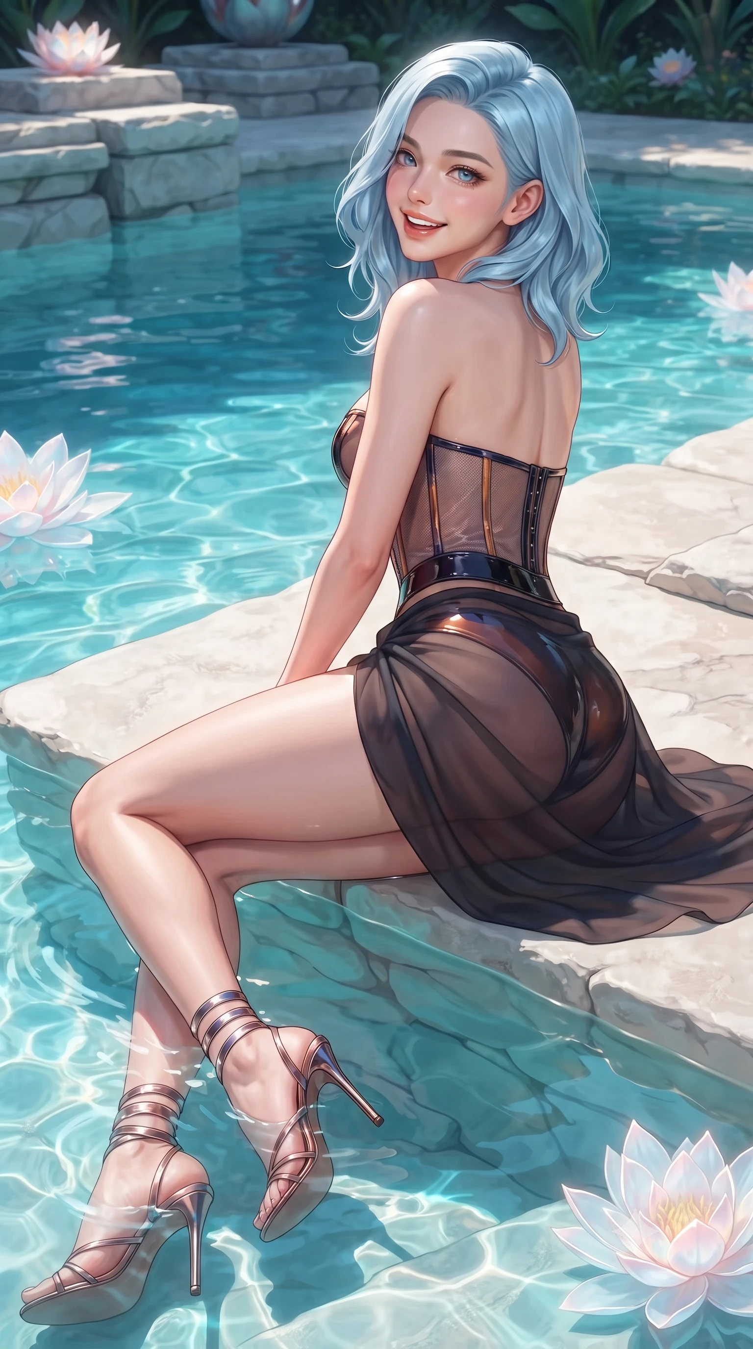 score_9, masterpiece, best quality, ultra-detailed, high-budget anime keyframe, editorial fashion photography, tasteful artistic composition, Korean woman. close-up cowboy shot from the waist and thighs up, the character dominates the composition, filling the frame with her large presence. posing in an alluring rear three-quarter angle, looking over a bare shoulder with parted glossy lips, her hips cocked back to highlight her slim hourglass curve while reclining gracefully on the submerged heated limestone shelf with legs extended, displaying her long slender limbs and statuesque hourglass silhouette against the radiant pool. The surrounding environment is rendered in vivid detail and crisp panoramic clarity: sharp limestone strata textures, delicate glowing lotus petal veins, and crystal-clear water surface ripples in deep focus. She has an exceptionally elegant, slender, and willowy female figure with an ultra-slim waist, flat toned midriff, narrow ribcage, and sculpted feminine hips creating an alluring, slim hourglass silhouette without bulk. sharp v-shaped jawline, high-bridge nose, intricate jewel-like sparkling eyes with depth, thick eyelashes, glossy parted lips with a natural peach sheen, bright cheerful beaming smile with an enchanting and coquettish sensual glint, exuding both youthful cute charm and seductive allure, flawlessly proportioned anatomical accuracy, strict slender model proportions, natural body alignment, perfectly sculpted long slender limbs, ultra-slim waistline, clean dynamic posture without body distortion. wearing a provocative translucent mesh corset bodice with boned satin channels paired with a sheer chiffon wrap skirt in cosmic eclipse amber and starlight diamond, tailored from high-gloss patent leather with mirror-like specular highlights, complemented by strappy stiletto sandals with metallic ankle wraps accentuating her slender calves, the precision-cut side openings and low-back scoop framing her graceful spine and the sensual sweep of her slim, toned hips. illuminated by water caustics bounce and sharp aquamarine-pink rim lights defining her razor-sharp jawline, narrow waist, and curvy hips. ultra-reflective glossy finish, specular highlights, rich textural contrasts, high-contrast stereoscopic depth, volumetric dynamic lighting, 2k, ultra detail, master piece, 9:16 ratio