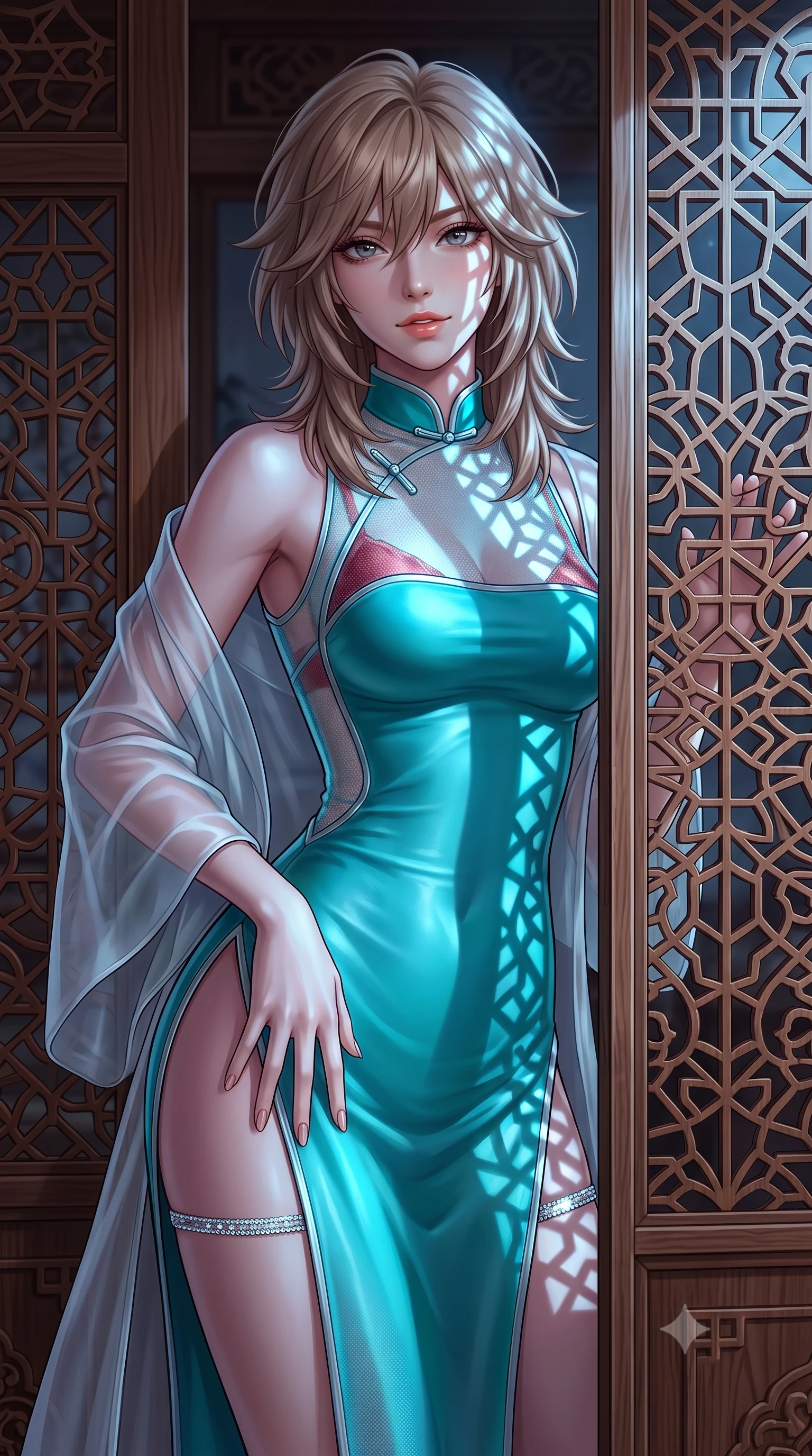 score_9, masterpiece, best quality, ultra-detailed, high-budget anime keyframe, semi-realistic 3D game render, editorial fashion photography, tasteful artistic composition, Japanese woman. close-up cowboy shot from the waist and thighs up, the character dominates the composition, filling the frame with her large presence. tilting her head with a teasing half-smile, running one hand slowly down the side of her hip in a flirtatious S-curve as ambient light caresses her silhouette while standing framed behind the delicate carved cedar wood mashrabiya privacy screen, arching her spine with seductive siren mystery as moonlight filters through geometric fretwork. The surrounding environment is rendered in vivid detail and crisp panoramic clarity: detailed sheer silk organza modern robe slipping off shoulders, red satin bralette cling, and master woodcraft in high resolution. She has an exceptionally elegant, slender, and willowy female figure with an ultra-slim waist, flat toned midriff, narrow ribcage, and sculpted feminine hips creating an alluring, slim hourglass silhouette without bulk. sharp v-shaped jawline, high-bridge nose, sparkling eyes with hypnotic seductive depth, thick curled eyelashes, glossy parted lips with a natural dewy peach sheen, alluring bedroom-eyes with an enchanting coquettish smile, exuding magnetic siren charisma and sophisticated glamour, flawlessly proportioned anatomical accuracy, strict slender model proportions, natural body alignment, perfectly sculpted long slender limbs, ultra-slim waistline, clean dynamic posture without body distortion. wearing a modern cheongsam-inspired form-fitting sheer mesh cocktail dress with mandarin collar and dramatic hip-high side slits in bioluminescent neon teal and starlight silver, woven from buttery-soft stretch lambskin leather adhering to her body like a second skin, finished with delicate crystal-encrusted thigh garter straps glinting in the dim light, the form-contouring silhouette accentuating her sculpted flat midriff, narrow delicate ribcage, and gracefully curvy hips with intoxicating allure. bathed in sharp geometric patterned light and shadow projected by moonlight streaming through the mashrabiya lattice. highly saturated vibrant anime colors, detailed shading with soft gradients, rich glossy textures, high-contrast stereoscopic depth, volumetric dynamic lighting, master piece, 9:16 ratio