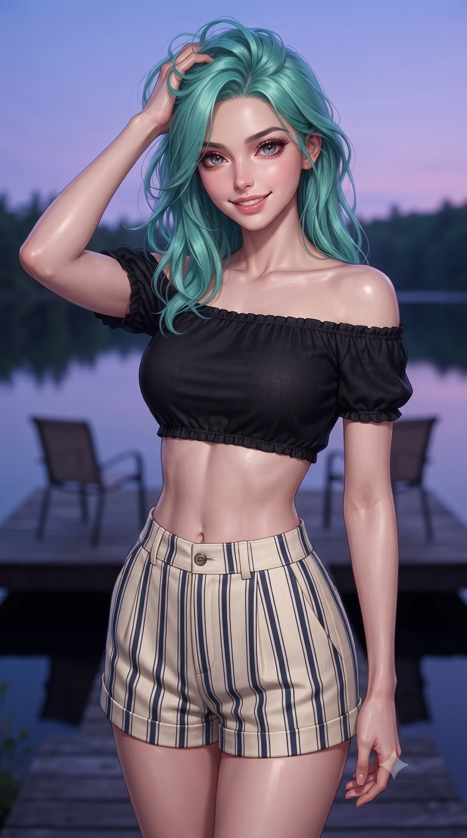 score_9, masterpiece, best quality, ultra-detailed, high-budget anime keyframe, editorial fashion photography, tasteful artistic composition, Japanese woman woman. close-up cowboy shot from the waist and thighs up, the character dominates the composition, filling the frame with her large presence, background elements kept in soft focus. smiling with quiet, magnetic self-assurance directly into the camera, running a hand through her hair the background shows a soft-focus a simple dark wood deck extending over a calm forest lake, with two chairs. She has an exceptionally elegant, slender, and willowy female figure with an ultra-slim waist, a gracefully sculpted slender torso, and a refined silhouette. sharp v-shaped jawline, high-bridge nose, intricate jewel-like eyes with depth, thick eyelashes, glossy lips with a natural sheen. wearing a body-hugging chic off-shoulder crop top in black linen, paired with high-waisted striped resort shorts. the serene purple and blue hues of twilight reflecting on the still water. ultra-reflective glossy finish, specular highlights, metallic sheen, high-contrast stereoscopic depth, volumetric dynamic lighting, 2k, ultra detail, master piece, 9:16 ratio
