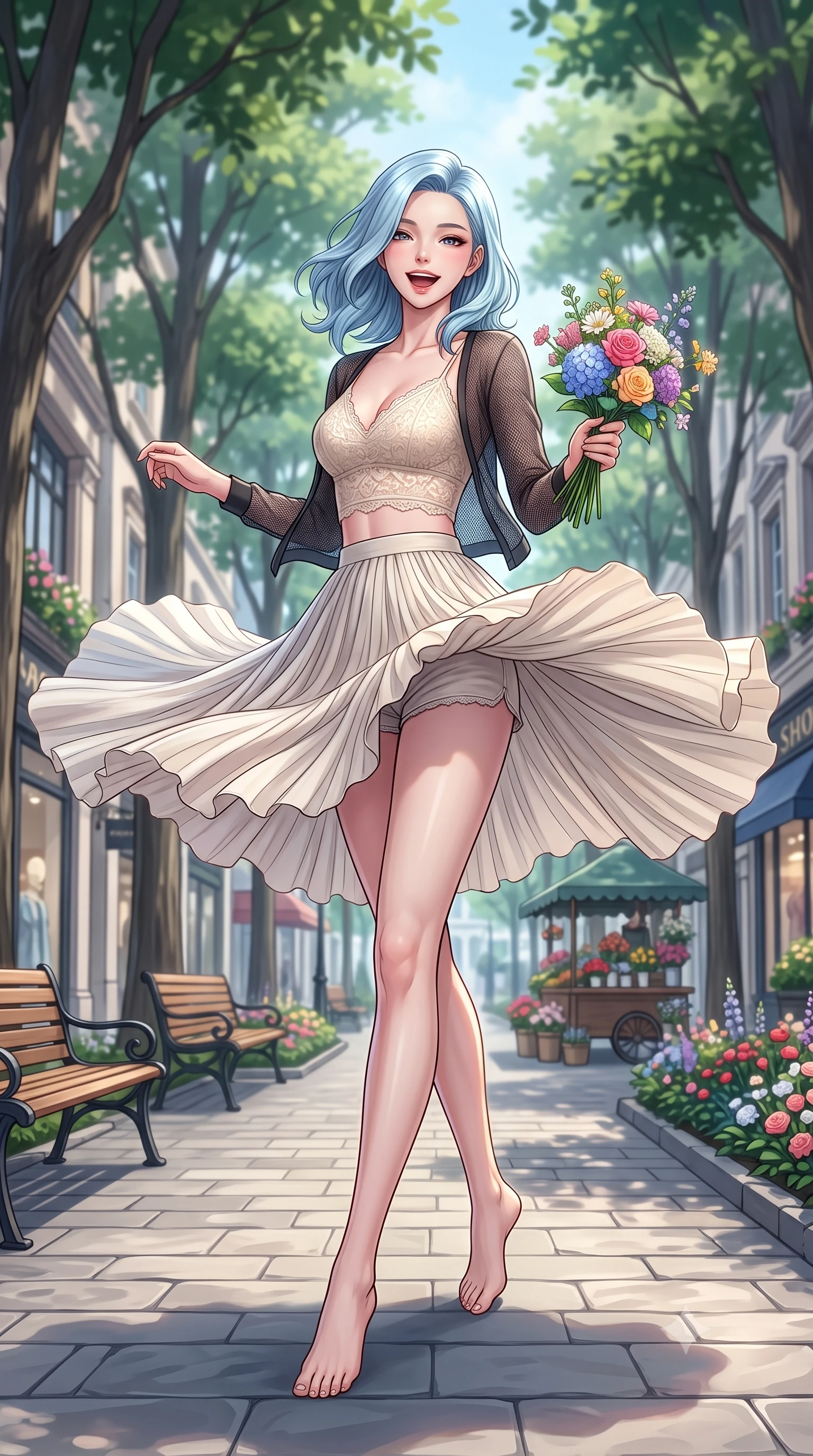 score_9, masterpiece, best quality, ultra-detailed, high-budget anime keyframe, editorial fashion photography, tasteful artistic composition, Korean woman. low angle full-body shot from head to toe showing her feet, filling the entire 9:16 vertical frame with her statuesque presence, stretching her vertical silhouette. twirling around with a playful, cute laugh, her skirt billowing beautifully in the air set against a soft-focus background of on a leafy shopping avenue with wooden benches and flower beds holding a small bouquet of fresh flowers bought from a street vendor. She has an absolutely perfect, statuesque 8.5-heads proportion, an exceptionally tall and slender model-like female figure with impossibly long slender legs and an ultra-slim waist. sharp v-shaped jawline, high-bridge nose, intricate jewel-like eyes with depth, thick eyelashes, glossy lips with a natural sheen. wearing tailored delicate lace crop top in cream, worn under a semi-opaque carbon-mesh cardigan and micro-shorts. cool midday daylight creating a clean, high-key editorial look in the plaza. highly saturated vibrant anime colors, detailed shading with soft gradients, rich glossy textures, high-contrast stereoscopic depth, volumetric dynamic lighting, master piece, 9:16 ratio