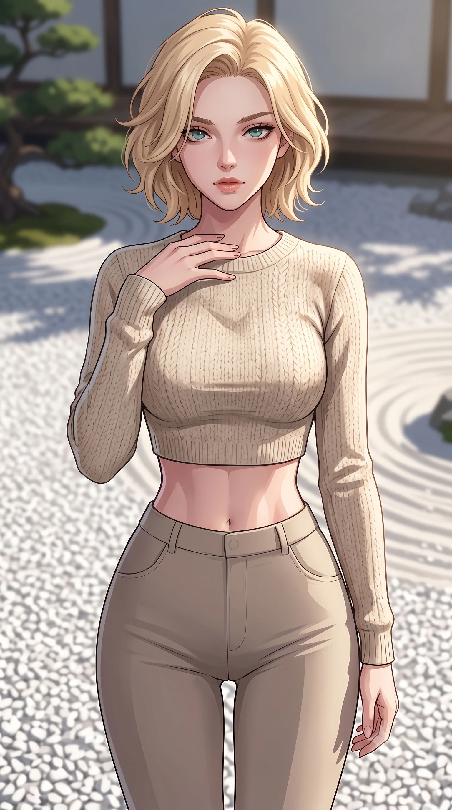 score_9, masterpiece, best quality, ultra-detailed, high-budget anime keyframe, tasteful artistic composition, Caucasian woman. close-up cowboy shot from the waist and thighs up, the character dominates the composition, filling the frame with her large presence, background elements kept in soft focus. standing with one hand resting on her collarbone, looking at the viewer with bedroom-eyes the background shows a soft-focus a private garden bonsai deck with white gravel and raked sand. She has an exceptionally elegant, slender, and willowy female figure with an ultra-slim waist, a gracefully sculpted slender torso, and a refined silhouette. sharp v-shaped jawline, high-bridge nose, intricate jewel-like eyes with depth, thick eyelashes, glossy lips with a natural sheen. wearing a body-hugging tight-fitting crop sweater in oatmeal wool, paired with high-waisted form-fitting pants. crisp morning sunlight casting sharp, clean shadows across the gravel. highly saturated vibrant anime colors, cel-shading, 2d style, master piece, 9:16 ratio