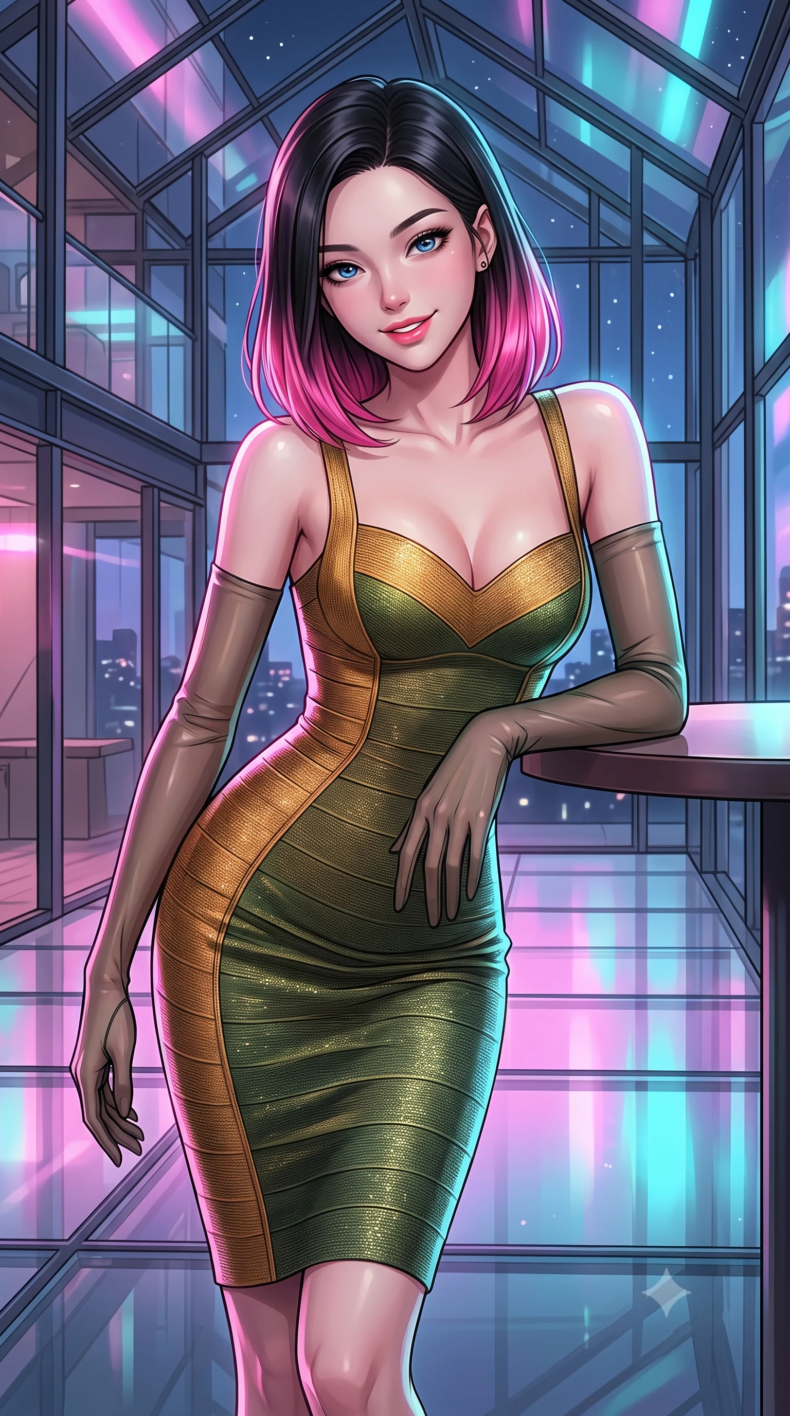 score_9, masterpiece, best quality, ultra-detailed, high-budget anime keyframe, editorial fashion photography, tasteful artistic composition, Korean woman. close-up cowboy shot from the waist and thighs up, the character dominates the composition, filling the frame with her large presence. resting one elbow on the table and supporting her chin, leaning close to the camera with heavy-lidded sparkling eyes and parted lips while twisting her slender torso in an alluring S-curve, shifting iridescent pink and cyan glass reflections dancing across her flat midriff and hips. The surrounding environment is rendered in vivid detail and crisp panoramic clarity: detailed outfit tailoring, silhouette contours, and world-renowned Henning Larsen architecture in razor-sharp precision. She has an exceptionally elegant, slender, and willowy female figure with an ultra-slim waist, flat toned midriff, narrow ribcage, and sculpted feminine hips creating an alluring, slim hourglass silhouette without bulk. sharp v-shaped jawline, high-bridge nose, intricate jewel-like sparkling eyes with depth, thick eyelashes, glossy parted lips with a natural peach sheen, bright cheerful beaming smile with an enchanting and coquettish sensual glint, exuding both youthful cute charm and seductive allure, flawlessly proportioned anatomical accuracy, strict slender model proportions, natural body alignment, perfectly sculpted long slender limbs, ultra-slim waistline, clean dynamic posture without body distortion. wearing a body-contouring dense bandage knit pencil dress with sweetheart neckline in Japanese hinoki cedar honey and Kyoto matcha jade, woven from stretch metallic lurex jersey casting radiant starlight glints across her curves, complemented by sheer opera-length evening gloves tracing her slender arms, the bespoke structured tailoring following the natural line of her 8.5-heads silhouette with refined elegance. illuminated by glass floor reflection bounce and sharp prism-rainbow rim lights defining her razor-sharp jawline, narrow waist, and curvy hips. ultra-reflective glossy finish, specular highlights, rich textural contrasts, high-contrast stereoscopic depth, volumetric dynamic lighting, 2k, ultra detail, master piece, 9:16 ratio