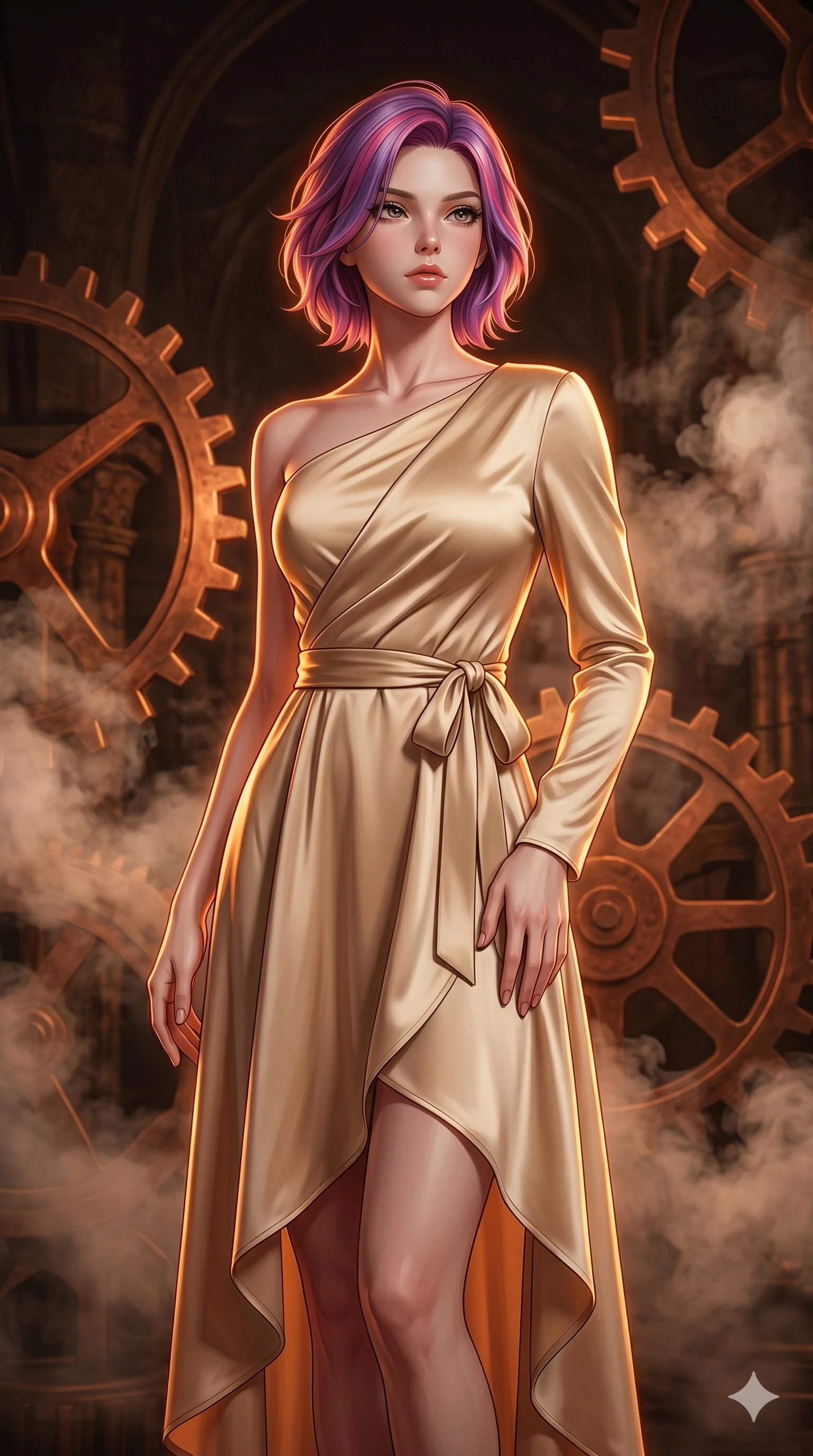 score_9, masterpiece, best quality, ultra-detailed, high-budget anime keyframe, editorial fashion photography, tasteful artistic composition, Caucasian woman, strictly human ears. cowboy shot from the thighs up, character and outfit filling the frame for maximum editorial presence. Gazing past the camera with an air of effortless superiority inside an ancient clockwork cathedral where giant copper gears rotate amidst floating steam clouds. She has an absolutely perfect 8-heads proportion, an exceptionally tall and slender female figure with impossibly long slender legs and an ultra-slim waist. V-shaped jawline, high-bridge nose, intricate jewel-like eyes with depth, thick eyelashes, glossy lips with a natural sheen. wearing a champagne-gold asymmetric wrap dress in fluid satin with a single long sleeve, a sculpted collarbone line, and a self-tying sash that cinches the waist, falling to a high-low hemline. drenched in warm amber cinematic rim lighting that traces every contour of her silhouette against a dark background. 2k, ultra detail, master piece, 9:16 ratio