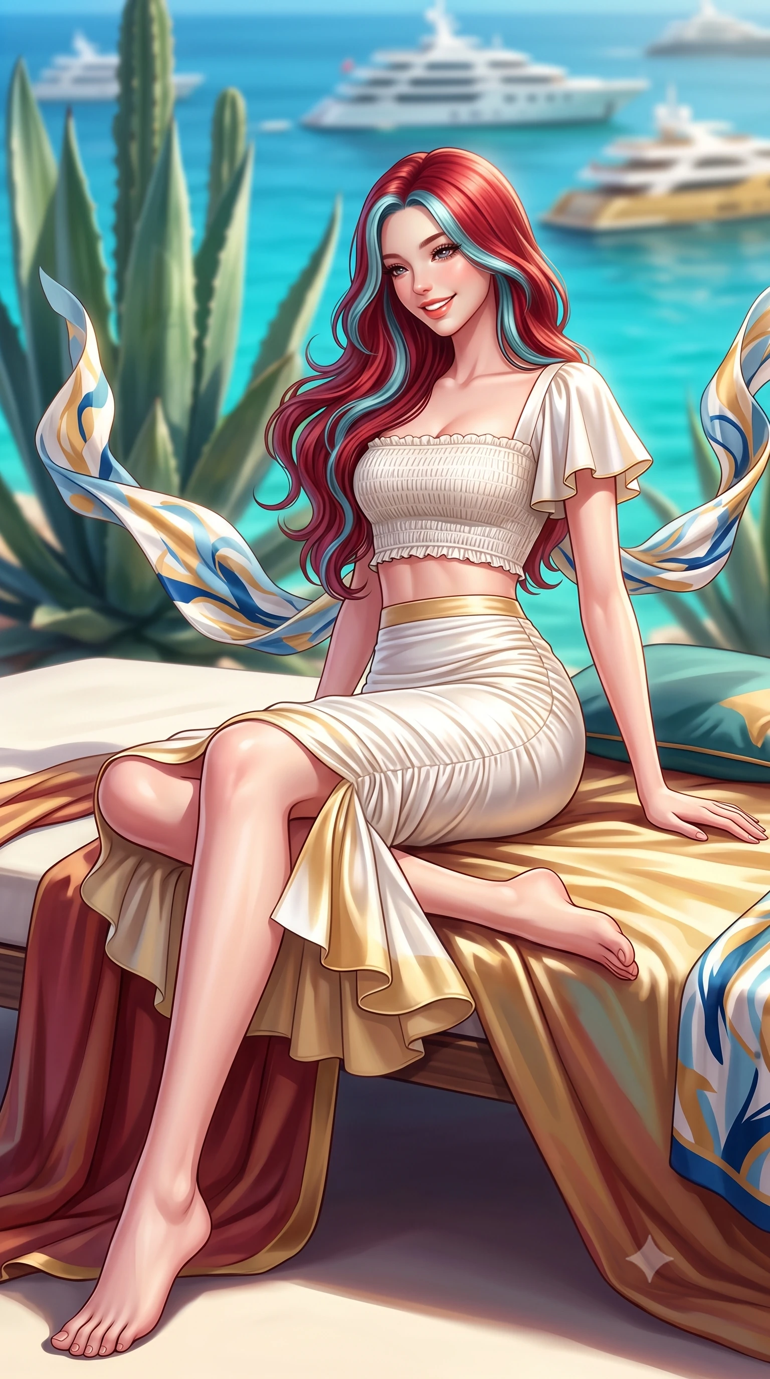 score_9, masterpiece, best quality, ultra-detailed, high-budget anime keyframe, semi-realistic 3D game render, editorial fashion photography, tasteful artistic composition, Caucasian woman. low angle full-body shot from head to toe showing her feet, filling the entire 9:16 vertical frame with her statuesque presence, stretching her vertical silhouette. reclining languidly on her side across the sunbed with one knee drawn up, her radiant smile and arched hip curve commanding the 9:16 vertical frame with youthful sensual charisma while turning in an alluring dancer S-curve as warm sea trade winds whip her silk scarf, gazing down at luxury mega-yachts with parted glossy lips. The composition keeps background elements in soft focus with dreamy creamy bokeh. towering sculptural succulents, turquoise Mediterranean sea, and Monte-Carlo luxury superyachts blurred into jade, azure, and golden bokeh. She has an exceptionally tall and slender model-like 8.5-heads proportion, an ultra-slim waist, a flat toned midriff, narrow delicate ribcage, and beautifully sculpted feminine hips creating a graceful, slim hourglass silhouette without any bulky heaviness, with impossibly long slender legs. sharp v-shaped jawline, high-bridge nose, intricate jewel-like sparkling eyes with depth, thick eyelashes, glossy parted lips with a natural peach sheen, bright cheerful beaming smile with an enchanting and coquettish sensual glint, exuding both youthful cute charm and seductive allure, flawlessly proportioned anatomical accuracy, strict slender model proportions, natural body alignment, perfectly sculpted long slender limbs, ultra-slim waistline, clean dynamic posture without body distortion. wearing a fitted square-neck smocked crop top paired with a curve-hugging ruched mermaid midi skirt in pure alabaster white and sun-kissed gold, made of smooth fluid silk satin with a delicate pearlescent sheen, featuring elegant flutter sleeves and a graceful square neckline, the liquid-tight tailored fabric clinging flawlessly to her narrow waist and rounded feminine hips, emphasizing every millimeter of her sculpted slim hourglass curves without any bulky heaviness. illuminated by radiant turquoise sea bounce fill sharply carving her razor-sharp jawline, narrow waist, and curvy hips. highly saturated vibrant anime colors, detailed shading with soft gradients, rich glossy textures, high-contrast stereoscopic depth, volumetric dynamic lighting, master piece, 9:16 ratio