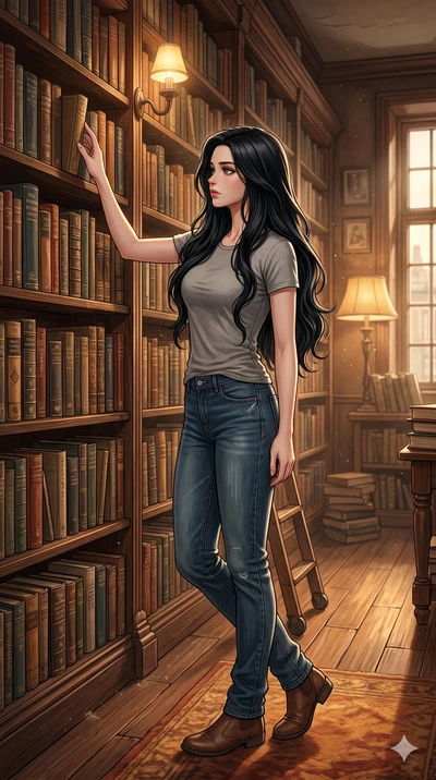 score_9, score_8_up, score_7_up, source_anime, masterpiece, best quality, ultra-detailed, same character with long flowing black hair, wearing a simple grey t-shirt and jeans, full body shot browsing books in an old bookstore, floor-to-ceiling booksh