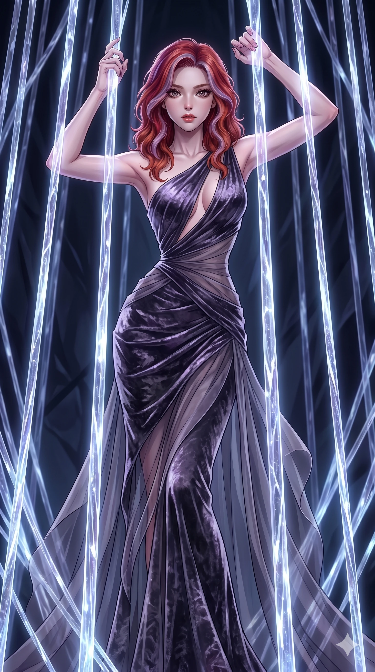 score_9, masterpiece, best quality, ultra-detailed, High-budget Anime Keyframe, East Asian woman. Dynamic full-body shot stretching the vertical silhouette to the limit. Scenario 12: Trapped in a cage of glowing crystalline fibers, body pressing against the bars. Her presence is magnetic and overpowering in this high-budget anime scene. Outfit 12: A crushed dark velvet second with a low-cut shoulder and translucent layers. The clothing is designed to emphasize her exceptionally tall and slender 8-heads proportion. 8-heads proportion, towering silhouette, ultra-slim waist. sharp v-shaped jawline, intricate jewel-like eyes with depth, thick eyelashes, glossy lips. 2k, ultra detail, master piece, 9:16 ratio