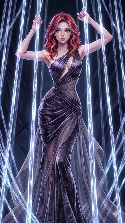 score_9, masterpiece, best quality, ultra-detailed, High-budget Anime Keyframe, East Asian woman. Dynamic full-body shot stretching the vertical silhouette to the limit. Scenario 12: Trapped in a cage of glowing crystalline fibers, body pressing agai