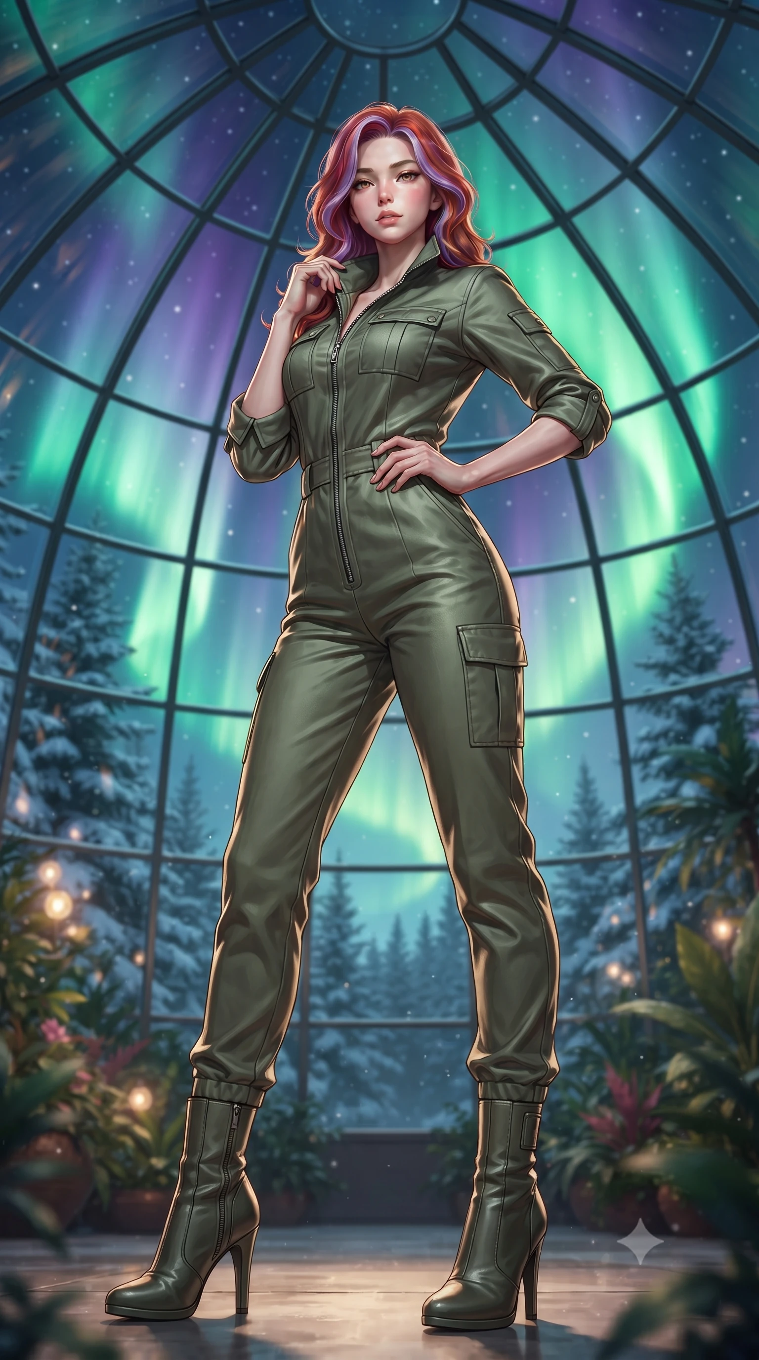 score_9, masterpiece, best quality, ultra-detailed, high-budget anime keyframe, editorial fashion photography, tasteful artistic composition, Caucasian woman. low angle full-body shot from head to toe showing her feet, filling the entire 9:16 vertical frame with her statuesque presence, stretching her vertical silhouette. posing confidently with one hand on her hip, stretching her statuesque body to emphasize her curves the background shows a soft-focus a glass dome botanical garden facing snowy pine woods during aurora borealis. She has an absolutely perfect, statuesque 8.5-heads proportion, an exceptionally tall and slender model-like female figure with impossibly long slender legs and an ultra-slim waist. sharp v-shaped jawline, high-bridge nose, intricate jewel-like eyes with depth, thick eyelashes, glossy lips with a natural sheen. wearing a slim-fit comfortable olive green cotton utility jumpsuit with a structured collar and rolled-up sleeves. soft green and violet aurora polaris curtains wrapping the dome in a celestial glow. ultra-reflective glossy finish, specular highlights, metallic sheen, high-contrast stereoscopic depth, volumetric dynamic lighting, 2k, ultra detail, master piece, 9:16 ratio