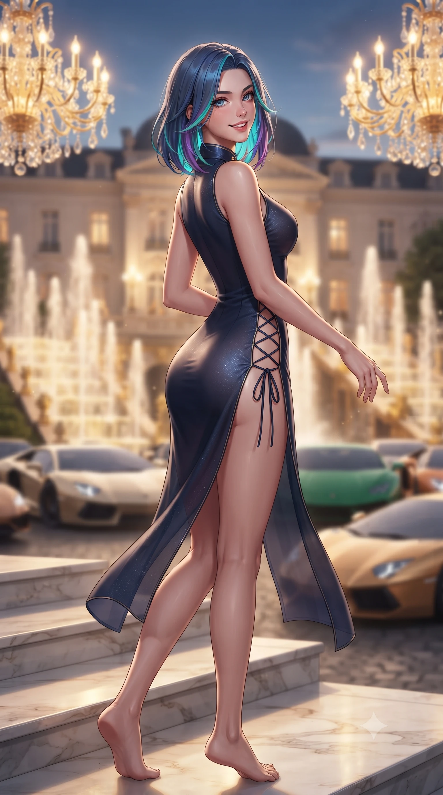 score_9, masterpiece, best quality, ultra-detailed, high-budget anime keyframe, editorial fashion photography, tasteful artistic composition, Caucasian woman. low angle full-body shot from head to toe showing her feet, filling the entire 9:16 vertical frame with her statuesque presence, stretching her vertical silhouette. executing a slow, graceful pivot turn as her skirt sways around her slender legs, glancing back with an enchanting, teasing sensual expression while walking slowly down the grand marble stairway as the warm Riviera sea breeze molds her gown to her narrow waist and curvy hips, flashing a radiant teasing smile. The background shows a soft-focus illuminated Belle Époque palace facade, cascading gilded fountains, and rows of luxury supercars blurred into champagne, emerald, and warm amber bokeh. She has an exceptionally tall and slender model-like 8.5-heads proportion, an ultra-slim waist, a flat toned midriff, narrow delicate ribcage, and beautifully sculpted feminine hips creating a graceful, slim hourglass silhouette without any bulky heaviness, with impossibly long slender legs. sharp v-shaped jawline, high-bridge nose, intricate jewel-like sparkling eyes with depth, thick eyelashes, glossy parted lips with a natural peach sheen, bright cheerful beaming smile with an enchanting and coquettish sensual glint, exuding both youthful cute charm and seductive allure, flawlessly proportioned anatomical accuracy, strict slender model proportions, natural body alignment, perfectly sculpted long slender limbs, ultra-slim waistline, clean dynamic posture without body distortion. wearing a modern cheongsam-inspired form-fitting sleeveless mini dress with mandarin collar and dramatic hip-high side slits in deep midnight navy and liquid starlight chrome, made of semi-opaque stretch illusion mesh with soft shadowy contours along her waist, featuring fine criss-cross lace-up side ties revealing tantalizing glimpses of her hip curve, the high-slit wrap tailoring accentuating her ultra-slim waistline and the enchanting curve of her feminine hips with alluring seductive charm. bathed in the opulent golden 2800K glow of neoclassical crystal chandeliers spilling from palace French doors mixed with Mediterranean dusk sky. ultra-reflective glossy finish, specular highlights, rich textural contrasts, high-contrast stereoscopic depth, volumetric dynamic lighting, 2k, ultra detail, master piece, 9:16 ratio