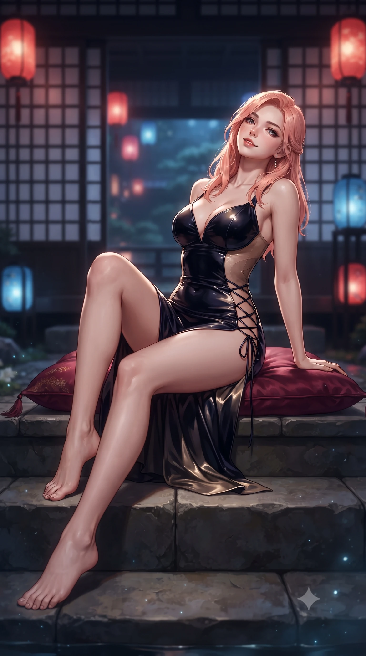 score_9, masterpiece, best quality, ultra-detailed, high-budget anime keyframe, editorial fashion photography, tasteful artistic composition, Japanese woman. low angle full-body shot from head to toe showing her feet, filling the entire 9:16 vertical frame with her statuesque presence, stretching her vertical silhouette. sitting poised on the stone steps with one knee bent, arching her spine with supermodel elegance as she glances upward through thick eyelashes while lounging languidly on an antique silk floor cushion propped on one elbow, her flat midriff and long slender legs commanding the moonlit pavilion vista. The background shows a soft-focus traditional palace wooden lattice screens and glowing red-and-blue silk lanterns softened in ethereal night shallow focus. She has an absolutely perfect, statuesque 8.5-heads proportion, an exceptionally tall and slender model-like female figure with impossibly long slender legs, an ultra-slim waist, a flat toned midriff, narrow delicate ribcage, and beautifully sculpted feminine hips creating a graceful, slim hourglass silhouette without any bulky heaviness. sharp v-shaped jawline, high-bridge nose, sparkling eyes with hypnotic seductive depth, thick curled eyelashes, glossy parted lips with a natural dewy peach sheen, alluring bedroom-eyes with an enchanting coquettish smile, exuding magnetic siren charisma and sophisticated glamour, flawlessly proportioned anatomical accuracy, strict slender model proportions, natural body alignment, perfectly sculpted long slender limbs, ultra-slim waistline, clean dynamic posture without body distortion. wearing a deep sweetheart-neckline velvet bodycon dress with sheer side-torso cutouts accentuating her hourglass curves in midnight obsidian black and shimmering liquid champagne gold, crafted from wet-look high-gloss vinyl fabric with dazzling specular surface reflections, featuring fine criss-cross lace-up side ties revealing tantalizing glimpses of her hip curve, the high-slit wrap tailoring accentuating her ultra-slim waistline and the enchanting curve of her feminine hips with alluring seductive charm. illuminated by pond surface moonbeam bounce and sharp platinum rim lights sculpting her razor-sharp jawline, narrow waist, and curvy hips. ultra-reflective glossy finish, specular highlights, rich textural contrasts, high-contrast stereoscopic depth, volumetric dynamic lighting, 2k, ultra detail, master piece, 9:16 ratio