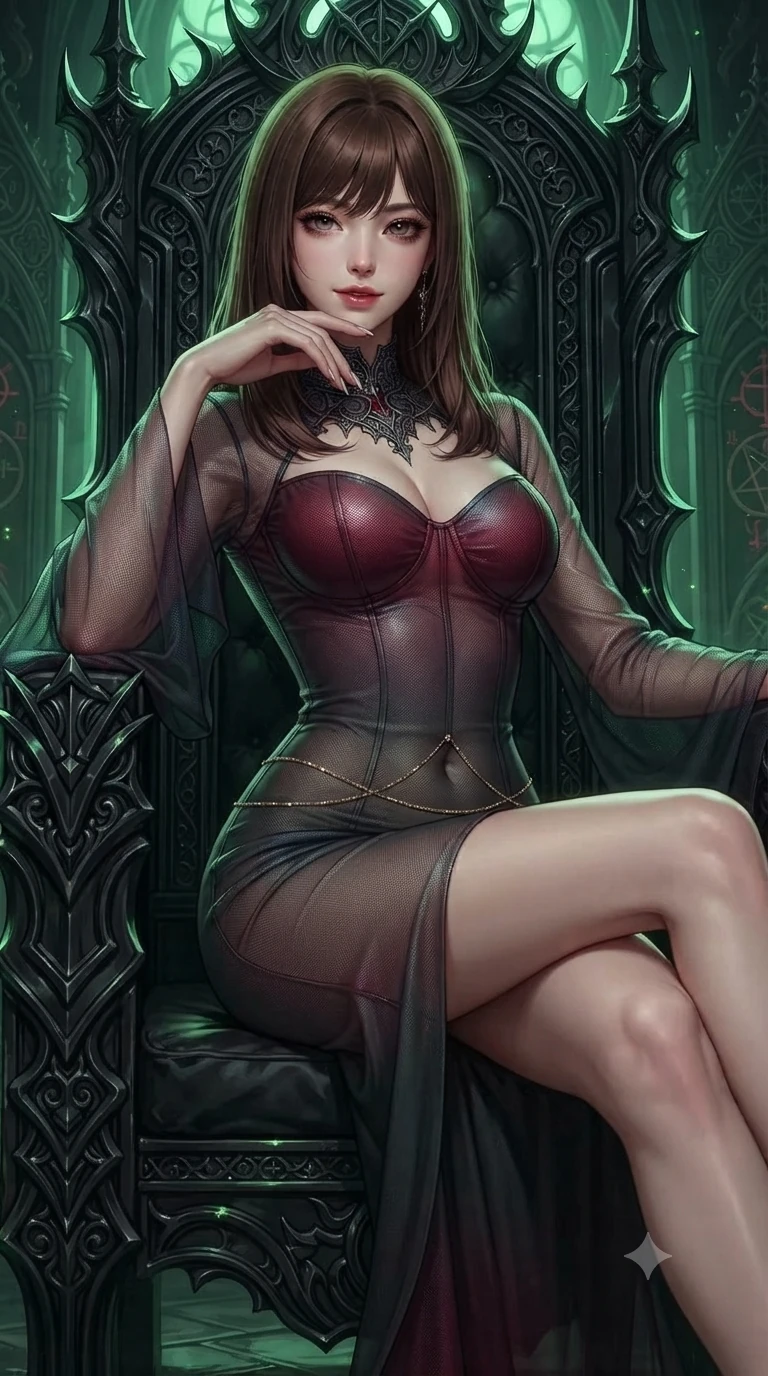 score_9, masterpiece, best quality, ultra-detailed, high-budget anime keyframe, editorial fashion photography, tasteful artistic composition, Korean woman. close-up cowboy shot from the waist and thighs up, the character dominates the composition, filling the frame with her large presence. twisting her slender torso in a deep contrapposto stance, hips dramatically shifted to accentuate her feminine curves while seated sideways on the obsidian throne arm with one leg extended, resting her chin on long manicured fingers with regal dark dominance. The surrounding environment is rendered in vivid detail and crisp panoramic clarity: detailed gothic high-collar silk evening gown tailoring, bell sleeve flare, and opulent occult regalia in razor-sharp clarity. She has an exceptionally elegant, slender, and willowy female figure with an ultra-slim waist, flat toned midriff, narrow ribcage, and sculpted feminine hips creating an alluring, slim hourglass silhouette without bulk. sharp v-shaped jawline, high-bridge nose, intricate jewel-like dark sparkling eyes with hypnotic seductive depth, thick curled eyelashes, glossy parted lips with a natural wine sheen, alluring bedroom-eyes with an enigmatic smoldering smile, exuding magnetic sovereign charisma and dark avant-garde glamour, flawlessly proportioned anatomical accuracy, strict slender model proportions, natural body alignment, perfectly sculpted long slender limbs, ultra-slim waistline, clean dynamic posture without body distortion. wearing a translucent iridescent micro-mesh corset dress with wet-look second-skin cling tracing her feminine curves in deep crimson burgundy and matte charcoal, tailored from smooth liquid silk satin that clings smoothly to her narrow waist and rounded hips with a dewy sheen, accented with a dainty gold belly chain resting across her flat midriff and curving hips, the bespoke structured tailoring following the natural line of her 8.5-heads silhouette with refined elegance. lit by regal theatrical key light and dramatic green firelight casting eerie specular highlights across obsidian surfaces. ultra-reflective glossy finish, specular highlights, metallic sheen, high-contrast stereoscopic depth, volumetric dynamic lighting, 2k, ultra detail, master piece, 9:16 ratio