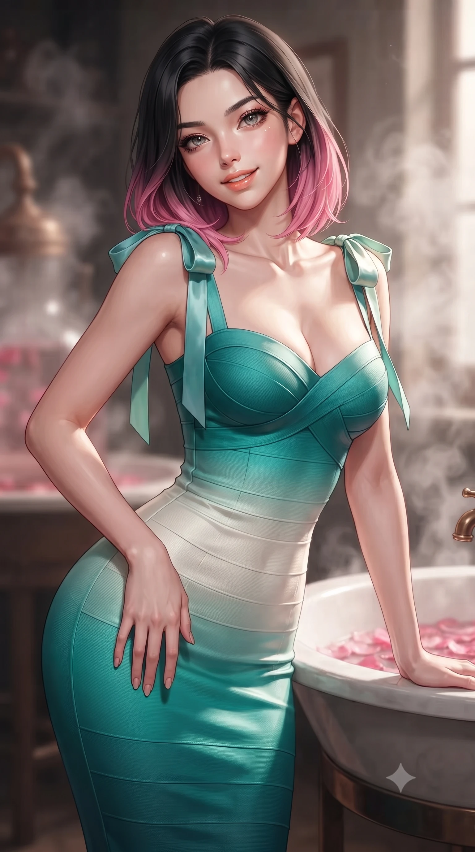 score_9, masterpiece, best quality, ultra-detailed, high-budget anime keyframe, editorial fashion photography, tasteful artistic composition, Korean woman. close-up cowboy shot from the waist and thighs up, the character dominates the composition, filling the frame with her large presence. tilting her head with a teasing half-smile, running one hand slowly down the side of her hip in a flirtatious S-curve as ambient light caresses her silhouette while twisting her slender torso in an alluring S-curve beside the rose petal extraction basin, soft lantern light caressing her narrow waist and curvy hips. The background shows a soft-focus gentle rosewater distillation steam softened in historic French atelier shallow focus. She has an exceptionally elegant, slender, and willowy female figure with an ultra-slim waist, flat toned midriff, narrow ribcage, and sculpted feminine hips creating an alluring, slim hourglass silhouette without bulk. sharp v-shaped jawline, high-bridge nose, intricate jewel-like sparkling eyes with depth, thick eyelashes, glossy parted lips with a natural peach sheen, bright cheerful beaming smile with an enchanting and coquettish sensual glint, exuding both youthful cute charm and seductive allure, flawlessly proportioned anatomical accuracy, strict slender model proportions, natural body alignment, perfectly sculpted long slender limbs, ultra-slim waistline, clean dynamic posture without body distortion. wearing a body-contouring dense bandage knit pencil dress with sweetheart neckline in Verdon canyon emerald turquoise and dewy alabaster, crafted from fluid liquid silk satin that clings smoothly to her narrow waist and rounded hips with a dewy sheen, finished with satin ribbon ties at the shoulders fluttering in the gentle breeze, the impeccably tailored cut draping gracefully along her slender figure with aristocratic poise. illuminated by copper reflection bounce and sharp rose-gold rim lights sculpting her features, flat midriff, and slender waist. ultra-reflective glossy finish, specular highlights, rich textural contrasts, high-contrast stereoscopic depth, volumetric dynamic lighting, 2k, ultra detail, master piece, 9:16 ratio