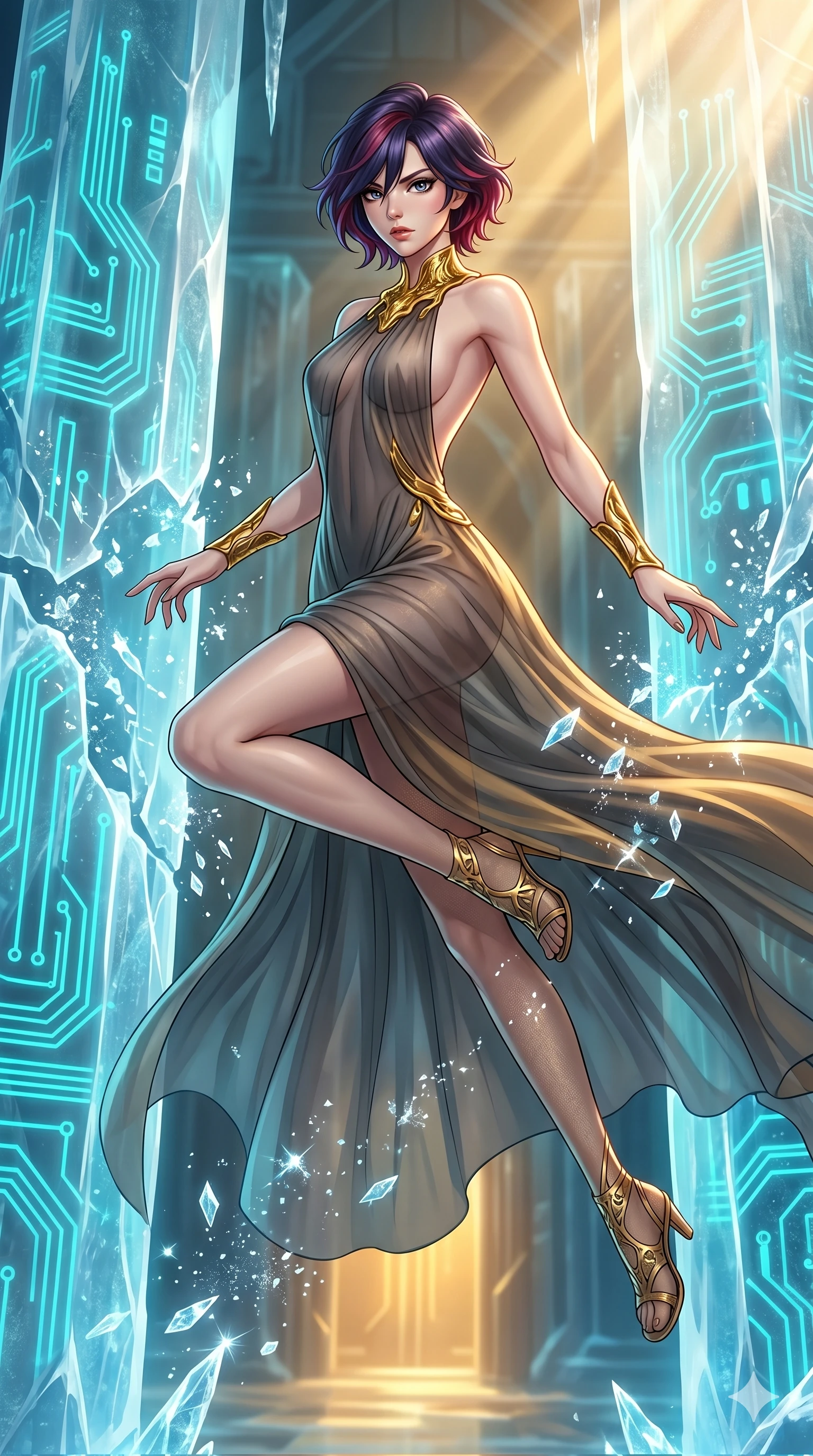 score_9, masterpiece, best quality, ultra-detailed, high-budget anime keyframe, Japanese woman. low angle full-body shot filling the entire 9:16 frame with her statuesque presence, stretching the vertical silhouette. leaping inside a sub-zero cybernetic ice temple, where glowing neon cyan computer circuit boards are frozen within transparent ice pillars, fracturing ice crystals into sparkles around her. She has an absolutely perfect 8-heads proportion, an exceptionally tall and slender female figure with impossibly long slender legs and an ultra-slim waist. V-shaped jawline, high-bridge nose, intricate jewel-like eyes with depth, thick eyelashes, glossy lips with a natural sheen.. wearing a molten gold and chiffon gown, featuring organic liquid gold collar and cuffs on a translucent charcoal-gray halter neck chiffon gown with a deep backless design. showcasing a beautiful play of light and shadow, with warm golden rays clashing against cool cyan highlights. 2k, ultra detail, master piece, 9:16 ratio