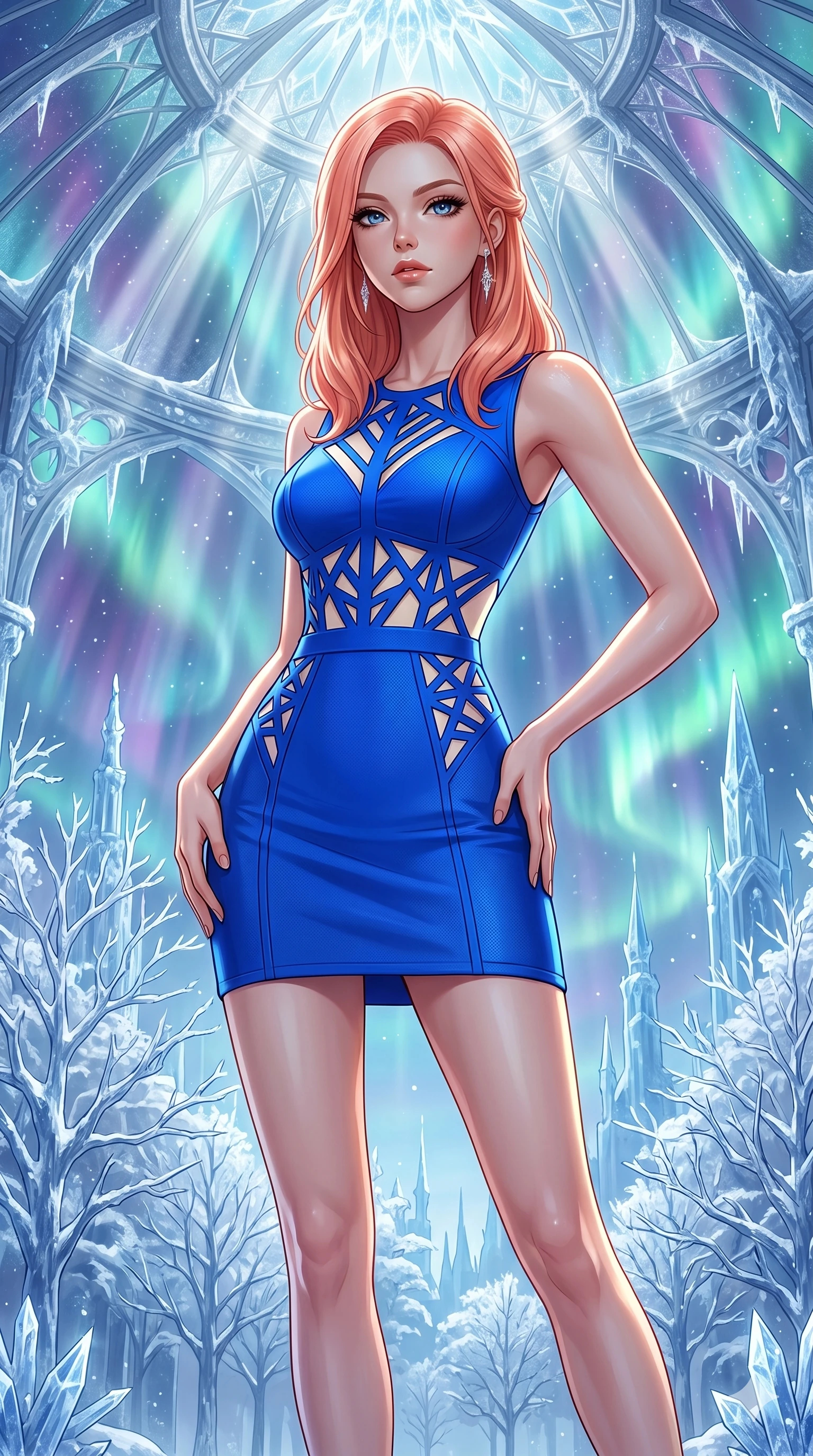 score_9, masterpiece, best quality, ultra-detailed, high-budget anime keyframe, editorial fashion photography, tasteful artistic composition, Japanese woman. cowboy shot from the thighs up, character and outfit filling the frame for maximum editorial presence. Gazing past the camera with an air of effortless superiority within a dreamlike floating winter kingdom with frozen crystal trees and aurora skies. She has an absolutely perfect 8-heads proportion, an exceptionally tall and slender female figure with impossibly long slender legs and an ultra-slim waist. V-shaped jawline, high-bridge nose, intricate jewel-like eyes with depth, thick eyelashes, glossy lips with a natural sheen. wearing a vivid electric cobalt structured fitted mini dress with intricate laser-cut geometric patterns at the torso and waist revealing glimpses of the underlining in contrasting ivory. drenched in cinematic god-ray sunlight descending from a vaulted glass ceiling, illuminating her form. 2k, ultra detail, master piece, 9:16 ratio