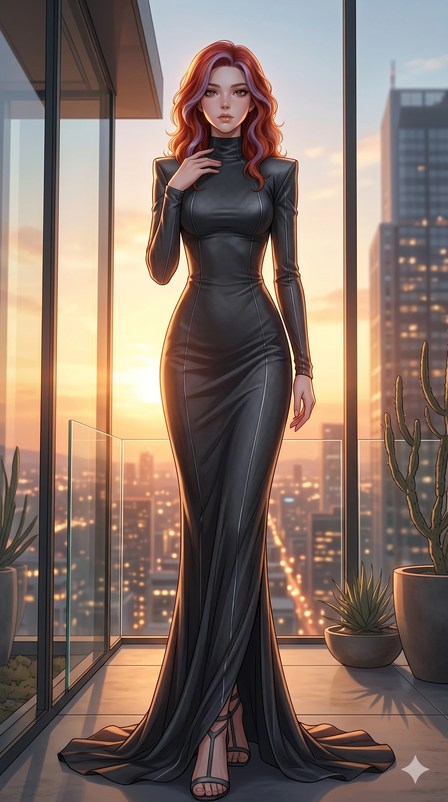 score_9, masterpiece, best quality, ultra-detailed, high-budget anime keyframe, editorial fashion photography, tasteful artistic composition, Caucasian woman, strictly human ears. low angle full-body shot from head to toe showing her feet, filling the entire 9:16 vertical frame with her statuesque presence, stretching her vertical silhouette. gazing directly into the camera with quiet intensity, one hand gently tracing her collarbone line on a private rooftop garden at sunset with a warm city breeze (Code-P18-023). She has an absolutely perfect 8-heads proportion, an exceptionally tall and slender female figure with impossibly long slender legs and an ultra-slim waist. V-shaped jawline, high-bridge nose, intricate jewel-like eyes with depth, thick eyelashes, glossy lips with a natural sheen. wearing a modern high-neck high-fashion gown with long sleeves and structural shoulder pads. warm glowing city light filtering through the glass, outlining her V-shaped jawline. 2k, ultra detail, master piece, 9:16 ratio