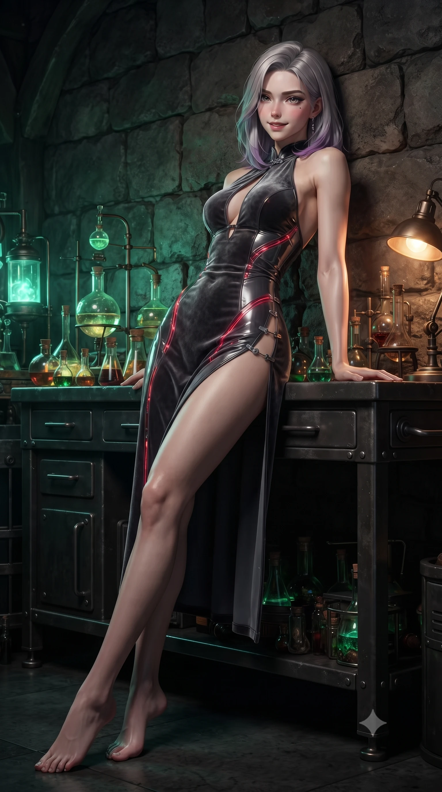 score_9, masterpiece, best quality, ultra-detailed, high-budget anime keyframe, editorial fashion photography, tasteful artistic composition, Caucasian woman. low angle full-body shot from head to toe showing her feet, filling the entire 9:16 vertical frame with her statuesque presence, stretching her vertical silhouette. arching her back against the dark stone wall with provocative poise, extending one long slender leg to accentuate her razor-sharp statuesque silhouette while leaning against a dark metal workbench strewn with antique alchemical vials with an intelligent, tempting smile. The surrounding environment is rendered in vivid detail and crisp panoramic clarity. rich industrial chiaroscuro and mysterious retro-futuristic alchemical design rendered with sharpness. She has an absolutely perfect, statuesque 8.5-heads proportion, an exceptionally tall and slender model-like female figure with impossibly long slender legs, a toned flat midriff, and an ultra-slim waist. sharp v-shaped jawline, high-bridge nose, intricate jewel-like eyes with depth, thick eyelashes, glossy lips with a natural sheen, flawlessly proportioned anatomical accuracy, strict slender model proportions, natural body alignment, perfectly sculpted long slender limbs, ultra-slim waistline, clean dynamic posture without body distortion. wearing a velvet halter-neck midi dress fitting her statuesque contour flawlessly with a Tasteful chest slit and open spine in smoky charcoal grey and glowing crimson filaments, tailored from semi-translucent dark cybernetic vinyl with subtle glowing micro-filaments, finished with an ultra-high side slit secured by miniature magnetic clasps, the sleek second-skin cut tightly hugging her graceful clavicle, narrow waist, and feminine curves with athletic precision. bathed in eerie emerald bioluminescent backlighting and warm amber lamp fill light. ultra-reflective glossy finish, specular highlights, dark metallic sheen, deep chiaroscuro contrast, volumetric dynamic shadow lighting, 2k, ultra detail, master piece, 9:16 ratio