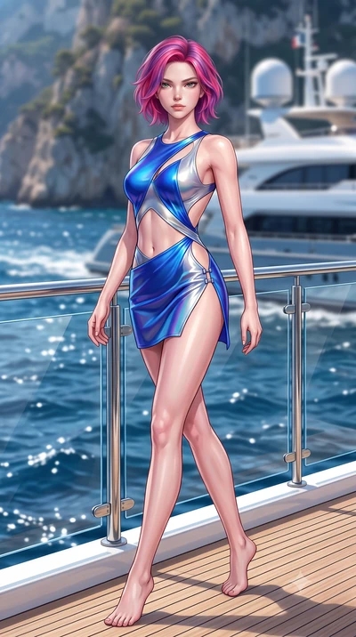 score_9, masterpiece, best quality, ultra-detailed, high-budget anime keyframe, semi-realistic 3D game render, editorial fashion photography, tasteful artistic composition, Caucasian woman. low angle full-body shot from head to toe showing her feet, 