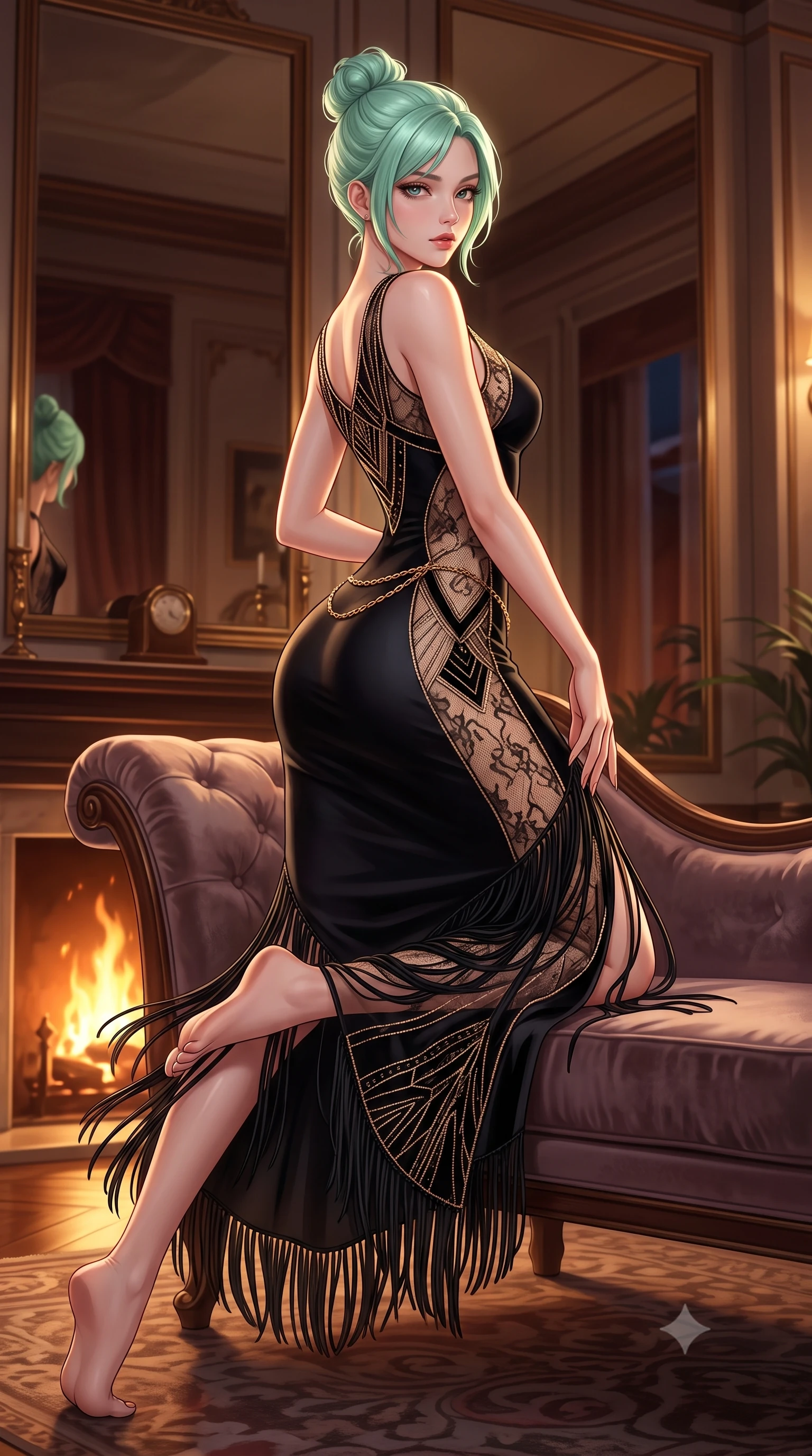 score_9, masterpiece, best quality, ultra-detailed, high-budget anime keyframe, semi-realistic 3D game render, editorial fashion photography, tasteful artistic composition, Japanese woman. low angle full-body shot from head to toe showing her feet, filling the entire 9:16 vertical frame with her statuesque presence, stretching her vertical silhouette. executing an elegant mid-motion pivot turn as garments swirl around her slender limbs, glancing over her shoulder with an intoxicating bedroom-gaze while reclining on a plush velvet chaise lounge with one knee drawn up, smoldering eyes locked onto the viewer with dangerous flapper allure. The surrounding environment is rendered in vivid detail and crisp panoramic clarity. detailed fringe tassel movement, beaded dress embroidery, and mirror reflection clarity in high resolution. She has an absolutely perfect, statuesque 8.5-heads proportion, an exceptionally tall and slender model-like female figure with impossibly long slender legs, a toned flat midriff, an ultra-slim waist, and beautifully sculpted feminine hips. sharp v-shaped jawline, high-bridge nose, intricate jewel-like eyes with depth, thick eyelashes, glossy parted lips with a natural sheen, intensely captivating and seductive bedroom-eyes expression, flawlessly proportioned anatomical accuracy, strict slender model proportions, natural body alignment, perfectly sculpted long slender limbs, ultra-slim waistline, clean dynamic posture without body distortion. wearing a second-skin black silk jersey flapper gown with sheer lace side panels tracing her curves in champagne gold and midnight black velvet, formed from shimmering geometric Art Deco beadwork over fluid silk lining, accented with a delicate gold chain belt resting loosely on her curvy hips, the second-skin form-contouring cut accentuating her sculpted flat midriff, narrow waistline, and dramatically curvy hips without adding bulk. illuminated by rich directional firelight sculpting every feminine curve of her slender silhouette. highly saturated vibrant anime colors, detailed shading with soft gradients, rich glossy textures, high-contrast stereoscopic depth, volumetric dynamic lighting, master piece, 9:16 ratio