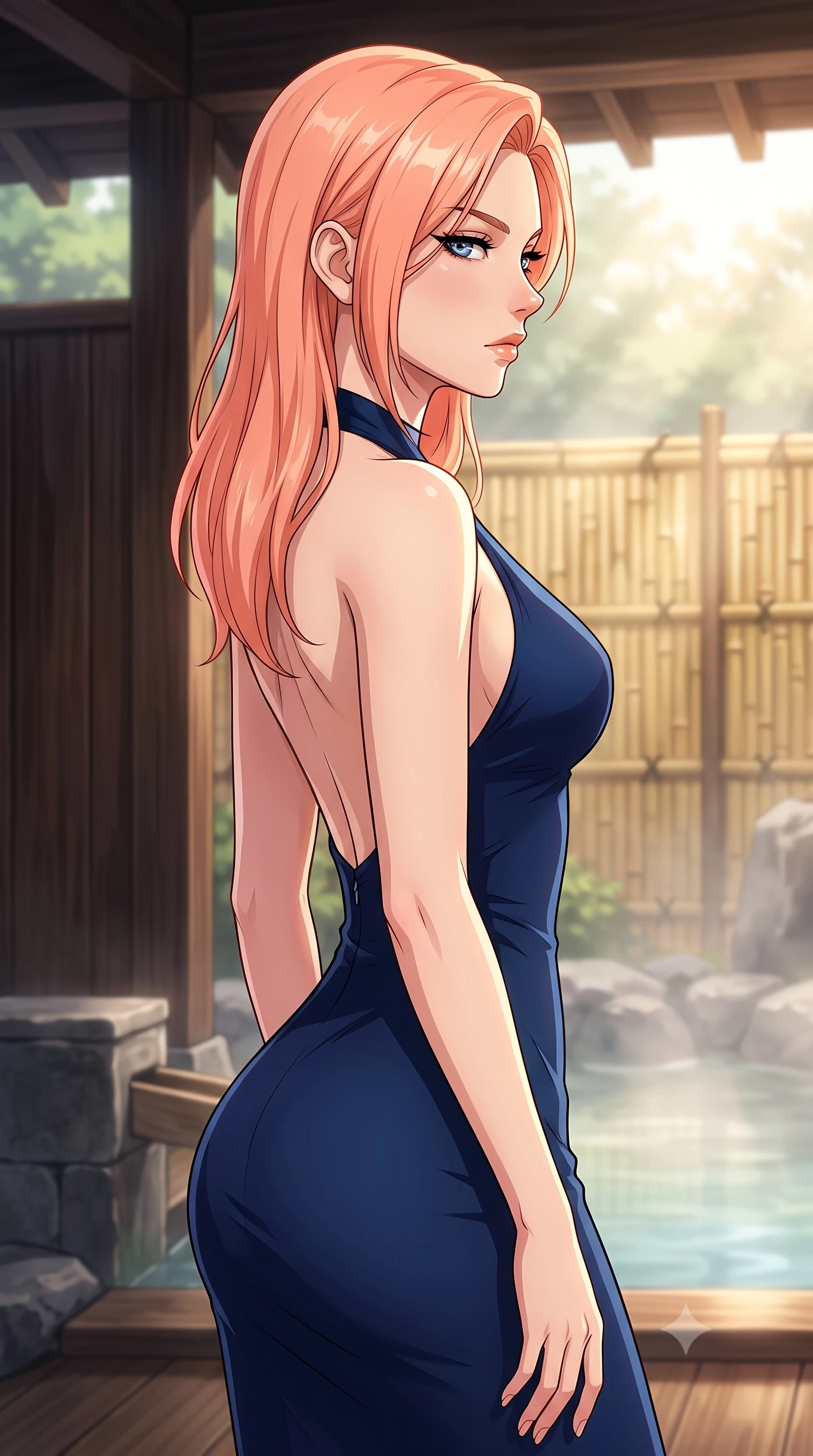 score_9, masterpiece, best quality, ultra-detailed, high-budget anime keyframe, tasteful artistic composition, Japanese woman. close-up cowboy shot from the waist and thighs up, the character dominates the composition, filling the frame with her large presence, background elements kept in soft focus. turning her face in sharp profile, casting a cold, mysterious, yet intensely alluring side gaze, the background shows a soft-focus a cozy hot spring veranda with dark cedar wood partitions and bamboo fences. She has an exceptionally elegant, slender, and willowy female figure with an ultra-slim waist, a gracefully sculpted slender torso, and a refined silhouette. sharp v-shaped jawline, high-bridge nose, intricate jewel-like eyes with depth, thick eyelashes, glossy lips with a natural sheen. wearing a tailored form-fitting halter dress in deep navy blue, contouring her athletic, slender build. soft morning mist diffusing the warm sunbeams, creating a tranquil atmosphere. highly saturated vibrant anime colors, cel-shading, 2d style, master piece, 9:16 ratio