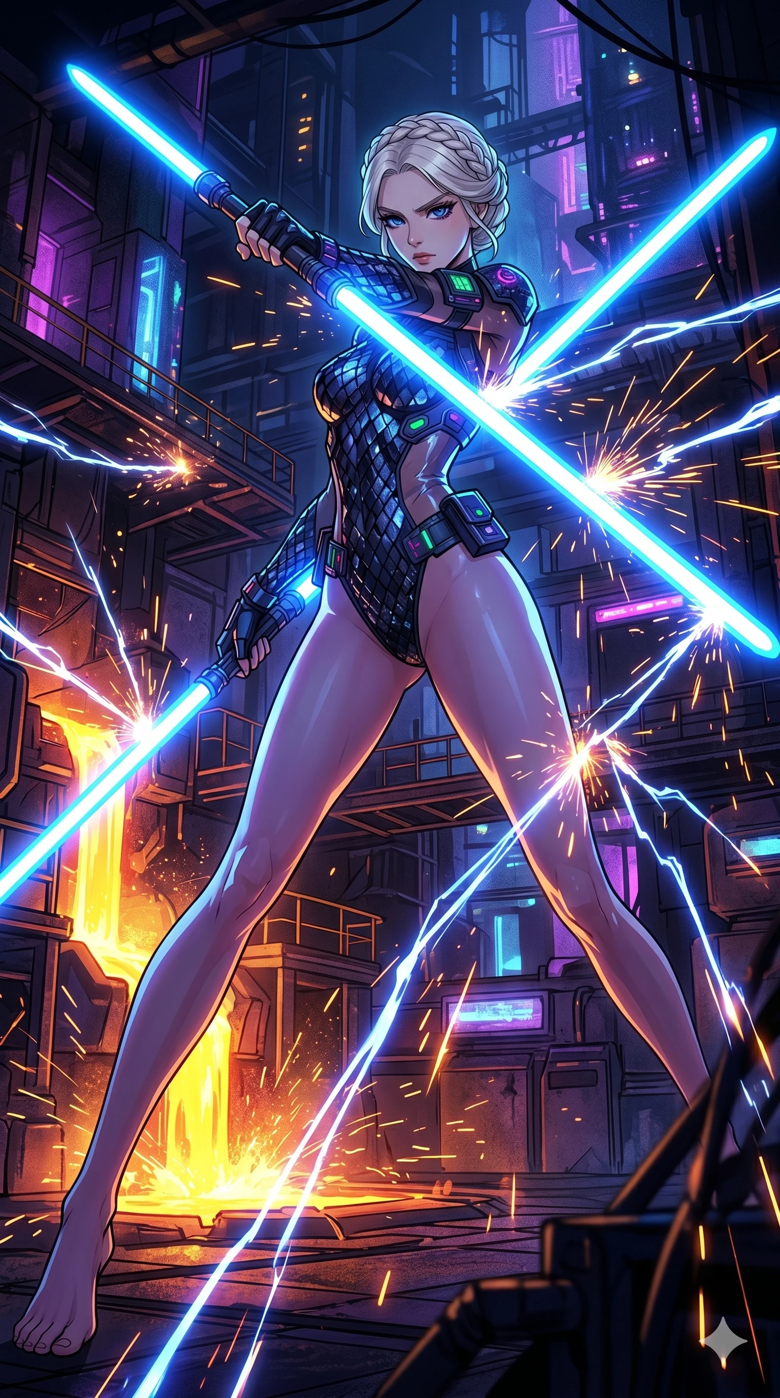 score_9, masterpiece, best quality, ultra-detailed, High-budget Anime Keyframe, vibrant colors, fluid line-art, expressive lighting, cinematic composition, Ufotable-style visual effects, top-tier animation quality, Japanese woman with delicate and elegant anime-inspired features. Dynamic full-body shot stretching the vertical silhouette, capturing her from a powerful low-angle perspective. Wielding a dual-bladed light-saber in a high-stakes duel within an underground cyber-arena, sparks flying as she deflects incoming attacks. She has an absolutely perfect 8-heads proportion, an exceptionally tall and slender female figure with impossibly long slender legs and an ultra-slim waist, her statuesque height and towering silhouette dominating the vertical 9:16 frame. Her face is a masterpiece featuring a sharp v-shaped jawline, high-bridge nose, intricate jewel-like eyes with depth, thick eyelashes, and glossy lips with a natural sheen. She is wearing a High-cut leotard with metallic plating and translucent PVC panels on the sides crafted from Obsidian-glass scales that shimmer with a dark, crystalline brilliance, with integrated neon-lit tactical gear and suggestive cutouts on the thighs. The scene is set in a gritty industrial factory with glowing molten metal, flying sparks, and deep shadows, illuminated by harsh neon light and deep shadows creating a high-contrast noir aesthetic. 2k, ultra detail, master piece, 9:16 ratio