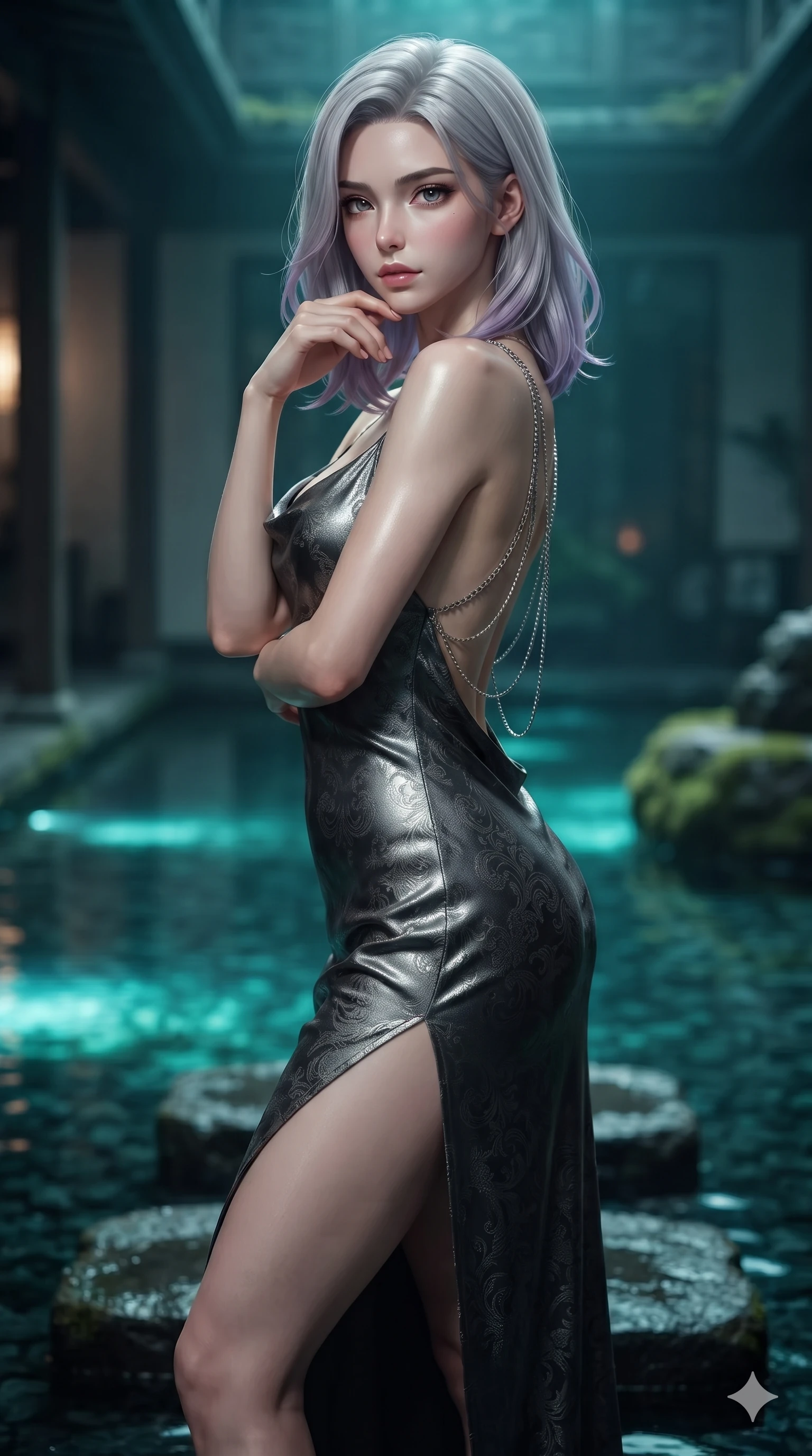 score_9, masterpiece, best quality, ultra-detailed, high-budget anime keyframe, editorial fashion photography, tasteful artistic composition, Caucasian woman. close-up cowboy shot from the waist and thighs up, the character dominates the composition, filling the frame with her large presence. resting her chin on the backs of her fingers with an air of effortless superiority and parted glossy lips while stepping gracefully from stone to stone across the midnight water garden, hips swaying in an alluring sensual rhythm. The background shows a soft-focus zen-minimalist subterranean water courtyard softened in architectural shallow focus. She has an exceptionally elegant, slender, and willowy female figure with an ultra-slim waist, flat toned midriff, narrow ribcage, and sculpted feminine hips creating an alluring, slim hourglass silhouette without bulk. sharp v-shaped jawline, high-bridge nose, intricate jewel-like dark sparkling eyes with hypnotic seductive depth, thick curled eyelashes, glossy parted lips with a natural wine sheen, alluring bedroom-eyes with an enigmatic smoldering smile, exuding magnetic sovereign charisma and dark avant-garde glamour, flawlessly proportioned anatomical accuracy, strict slender model proportions, natural body alignment, perfectly sculpted long slender limbs, ultra-slim waistline, clean dynamic posture without body distortion. wearing a form-contouring gossamer silk chiffon slip dress with hip-high slit and open cowl back clinging with mist in metallic liquid silver and pitch black, tailored from rich silk jacquard with subtle embossed baroque patterns, accented with an open-back drape framed by falling strands of delicate chrome chains, accentuating her gracefully sculpted slender torso and statuesque proportions. bathed in dramatic submerged teal LED light wash cutting upward through crystalline dark water. ultra-reflective glossy finish, specular highlights, metallic sheen, high-contrast stereoscopic depth, volumetric dynamic lighting, 2k, ultra detail, master piece, 9:16 ratio