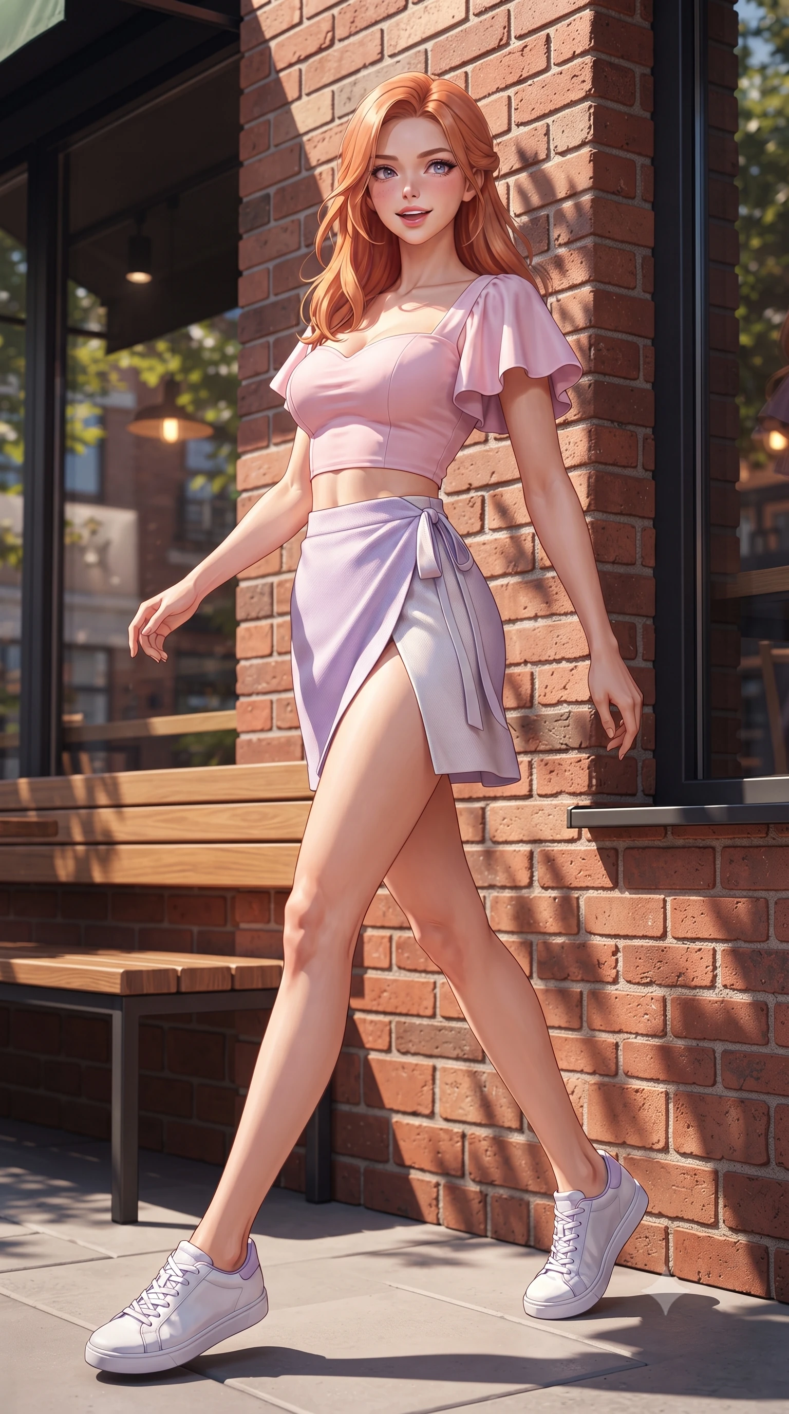score_9, masterpiece, best quality, ultra-detailed, high-budget anime keyframe, editorial fashion photography, tasteful artistic composition, Japanese woman. low angle full-body shot from head to toe showing her feet, filling the entire 9:16 vertical frame with her statuesque presence, stretching her vertical silhouette. stepping forward gracefully in mid-motion with a radiant beaming smile, hips swaying in an alluring kinetic rhythm that accentuates her curvy hourglass silhouette and long slender legs while leaning against the warm red-brick wall with hips cocked back, looking over a bare shoulder with an enchanting, bright cute smile and parted glossy lips. The surrounding environment is rendered in vivid detail and crisp panoramic clarity. sharp red-brick masonry textures, clean glass cafe window reflections, and oak bench wood grain in deep focus. She has an exceptionally tall and slender model-like 8.5-heads proportion, an ultra-slim waist, a flat toned midriff, narrow delicate ribcage, and beautifully sculpted feminine hips creating a graceful, slim hourglass silhouette without any bulky heaviness, with impossibly long slender legs. sharp v-shaped jawline, high-bridge nose, intricate jewel-like sparkling eyes with depth, thick eyelashes, glossy parted lips with a natural peach sheen, bright cheerful beaming smile with an enchanting and coquettish sensual glint, exuding both youthful cute charm and seductive allure, flawlessly proportioned anatomical accuracy, strict slender model proportions, natural body alignment, perfectly sculpted long slender limbs, ultra-slim waistline, clean dynamic posture without body distortion. wearing a sweetheart-neckline baby-pink crop top with a high-slit wrap mini skirt accentuating her waist-to-hip curve in delicate lavender violet and pearlescent white, crafted from soft cozy cashmere yarn with an airy drape, featuring elegant flutter sleeves and a graceful square neckline, the glove-like silhouette tightly following the natural contour of her hips and long slender legs with youthful 8.5-heads elegance. illuminated by sun-dappled foliage highlights sharply carving her razor-sharp jawline, narrow waist, and curvy hips. ultra-reflective glossy finish, specular highlights, rich textural contrasts, high-contrast stereoscopic depth, volumetric dynamic lighting, 2k, ultra detail, master piece, 9:16 ratio