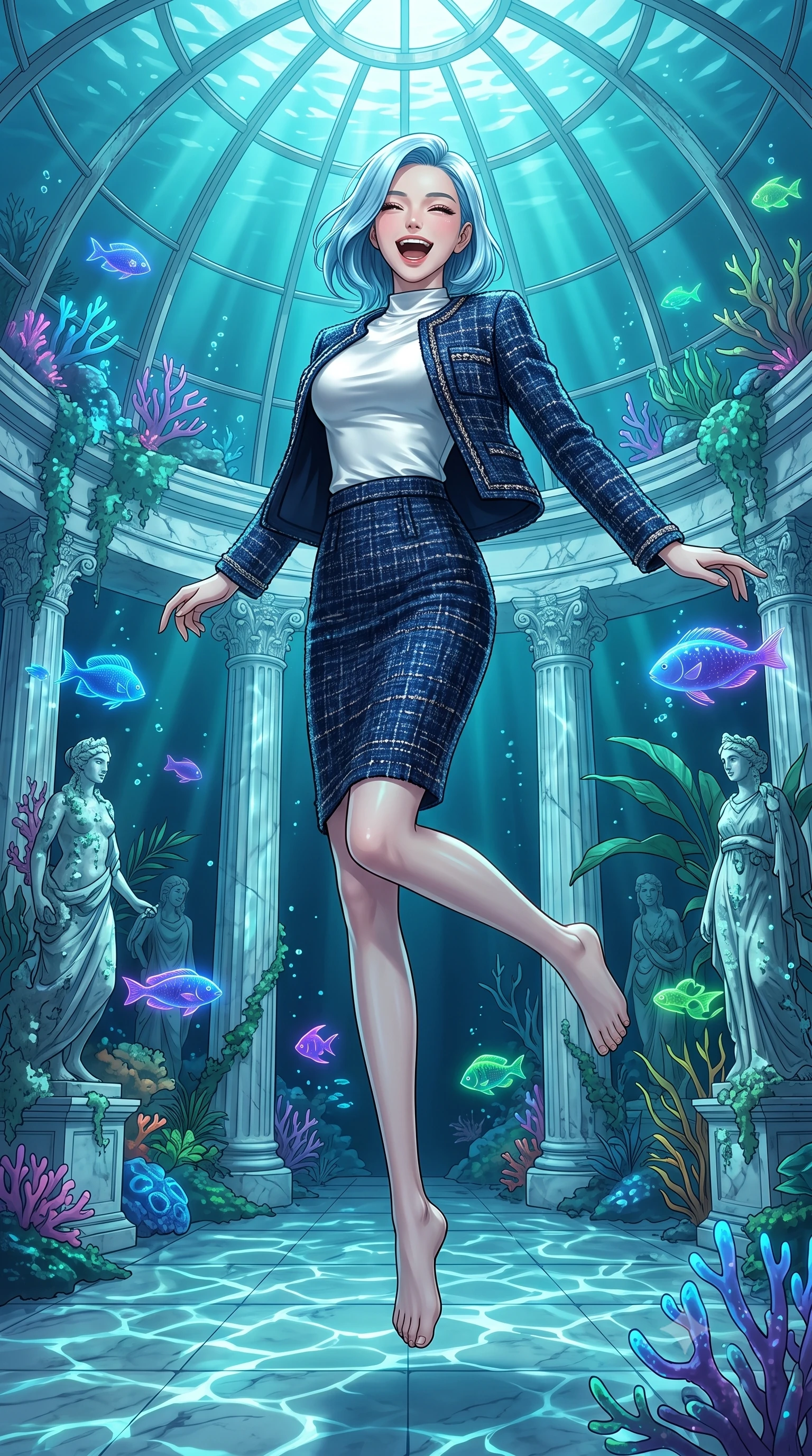 score_9, masterpiece, best quality, ultra-detailed, high-budget anime keyframe, editorial fashion photography, tasteful artistic composition, Korean woman. low angle full-body shot from head to toe showing her feet, filling the entire 9:16 vertical frame with her statuesque presence, stretching her vertical silhouette. leaping gracefully with a bright, joyful laugh through inside a submerged ancient white marble conservatory under a giant underwater glass dome, filled with glowing corals and neon sea creatures. She has a statuesque 8.5-heads proportion, an exceptionally tall, slender and willowy model-like build with impossibly long legs and a highly sculpted ultra-slim waist. sharp v-shaped jawline, high-bridge nose, intricate jewel-like eyes with depth, thick eyelashes, glossy lips with a natural sheen. wearing a navy blue tweed jacket over a white satin mock-neck top, paired with a matching navy blue pencil skirt. aquamarine shafts of light filtering down through the deep water, casting moving caustic patterns across the marble floors. 2k, ultra detail, master piece, 9:16 ratio