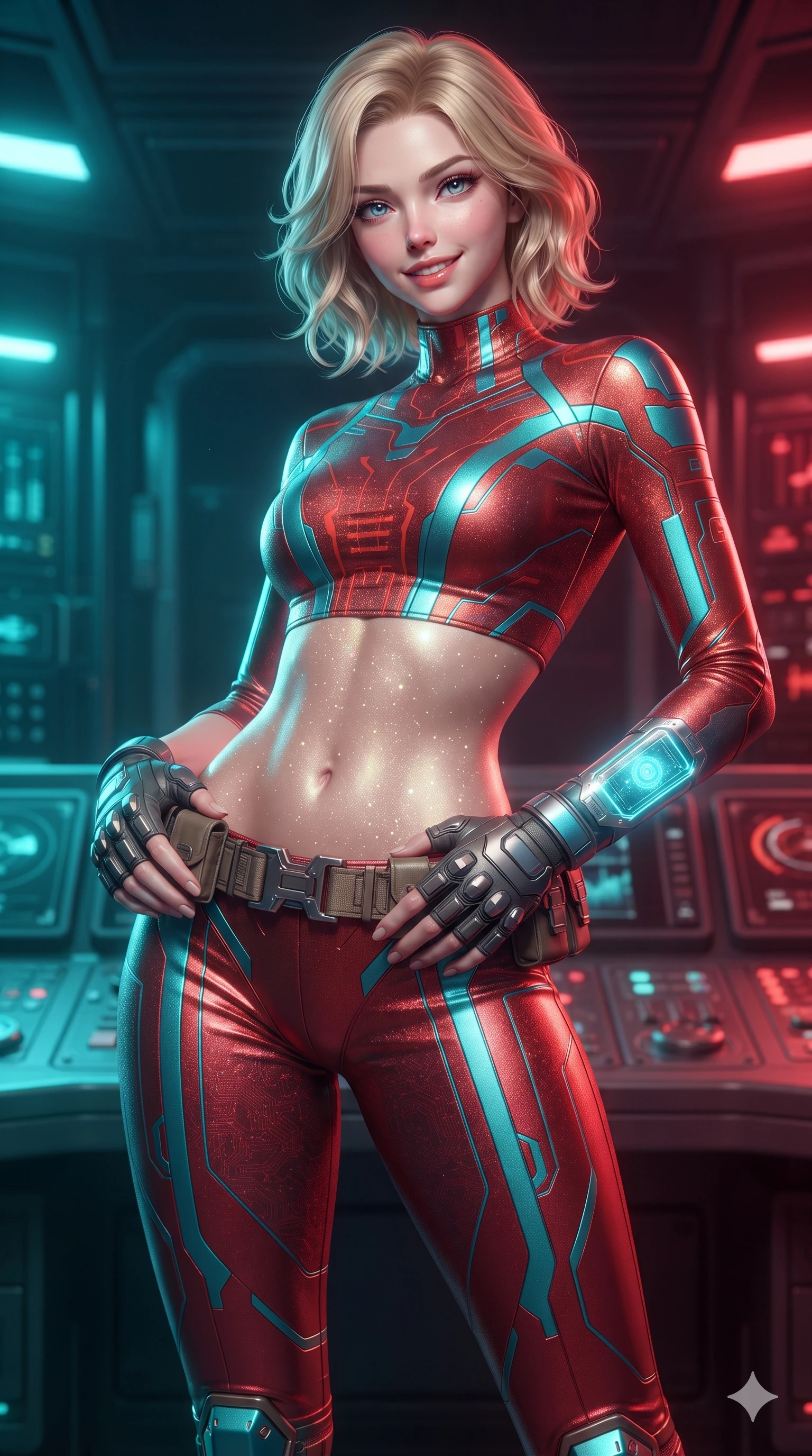 score_9, masterpiece, best quality, ultra-detailed, high-budget anime keyframe, editorial fashion photography, tasteful artistic composition, Caucasian woman. close-up cowboy shot from the waist and thighs up, the character dominates the composition, filling the frame with her large presence. resting both hands lightly on her tactical utility belt, arching her spine to highlight her narrow waist, flat midriff, and breathtaking collarbones while twisting her slender torso in an alluring S-curve, the dramatic split of cool blue relativistic light and warm crimson fire carving her flat midriff and hourglass curves. The surrounding environment is rendered in vivid detail and crisp panoramic clarity: sharp sensor lens housings, precision superconducting magnetic coils, and polished chrome console dials in deep focus. She has an exceptionally elegant, slender, and willowy female figure with an ultra-slim waist, flat toned midriff, narrow ribcage, and sculpted feminine hips creating an alluring, slim hourglass silhouette without bulk. sharp v-shaped jawline, high-bridge nose, intricate jewel-like sparkling eyes with depth, thick eyelashes, glossy parted lips with a natural sheen, bright confident smile with an enchanting and coquettish sensual glint, exuding both youthful magnetic charm and sovereign high-tech allure, flawlessly proportioned anatomical accuracy, strict slender model proportions, natural body alignment, perfectly sculpted long slender limbs, ultra-slim waistline, clean dynamic posture without body distortion. wearing a body-contouring high-neck metallic cyber-jersey jumpsuit casting radiant starlight shimmer across her flat midriff in cyber-shinto vermilion and laser turquoise, formed from supple thermal silicone composite adhering seamlessly like a second skin, complemented by fingerless armored tactical gloves and a glowing holographic wrist terminal, the glove-like clinging cut tightly following the natural contour of her hips and long slender legs with youthful 8.5-heads elegance. bathed in dramatic split relativistic lighting: blazing electric cyan on the approaching side and fiery crimson on the receding side. ultra-reflective glossy finish, specular highlights, rich textural contrasts, high-contrast stereoscopic depth, volumetric dynamic lighting, 2k, ultra detail, master piece, 9:16 ratio